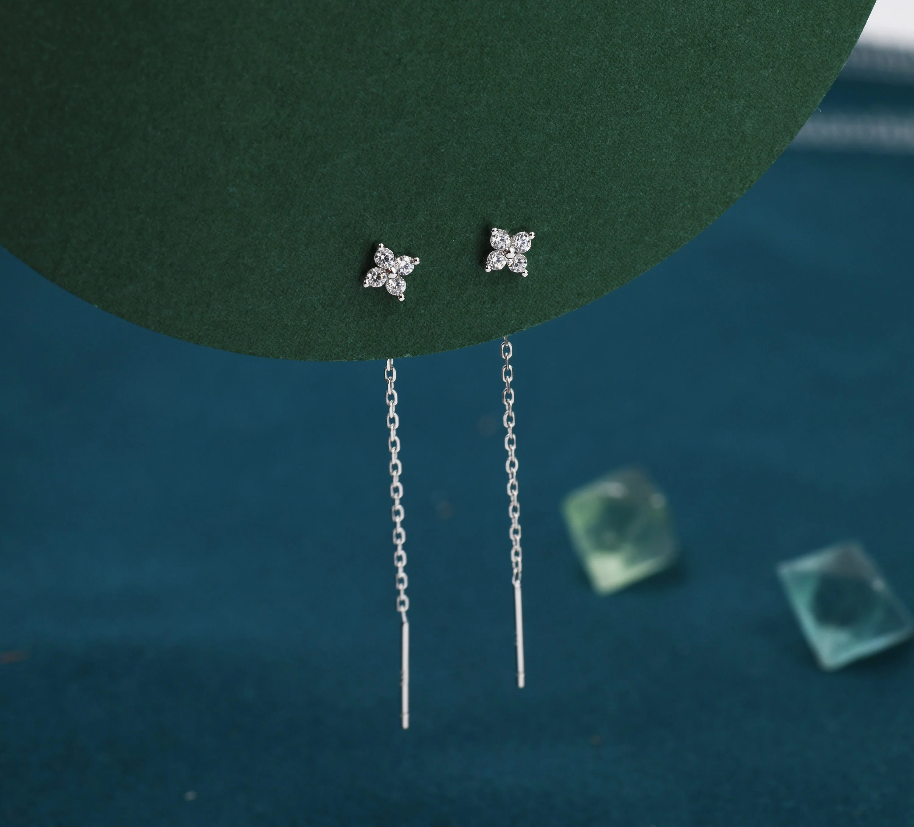 Hydrangea Flower CZ Threader Earrings in Sterling Silver, Silver or Gold, Four Dot Crystal Ear Threaders, Flower CZ Earrings