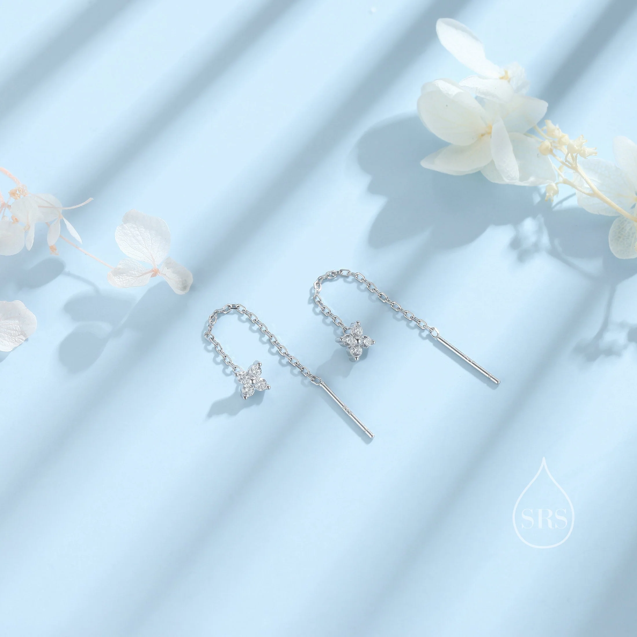 Hydrangea Flower CZ Threader Earrings in Sterling Silver, Silver or Gold, Four Dot Crystal Ear Threaders, Flower CZ Earrings - Image 8
