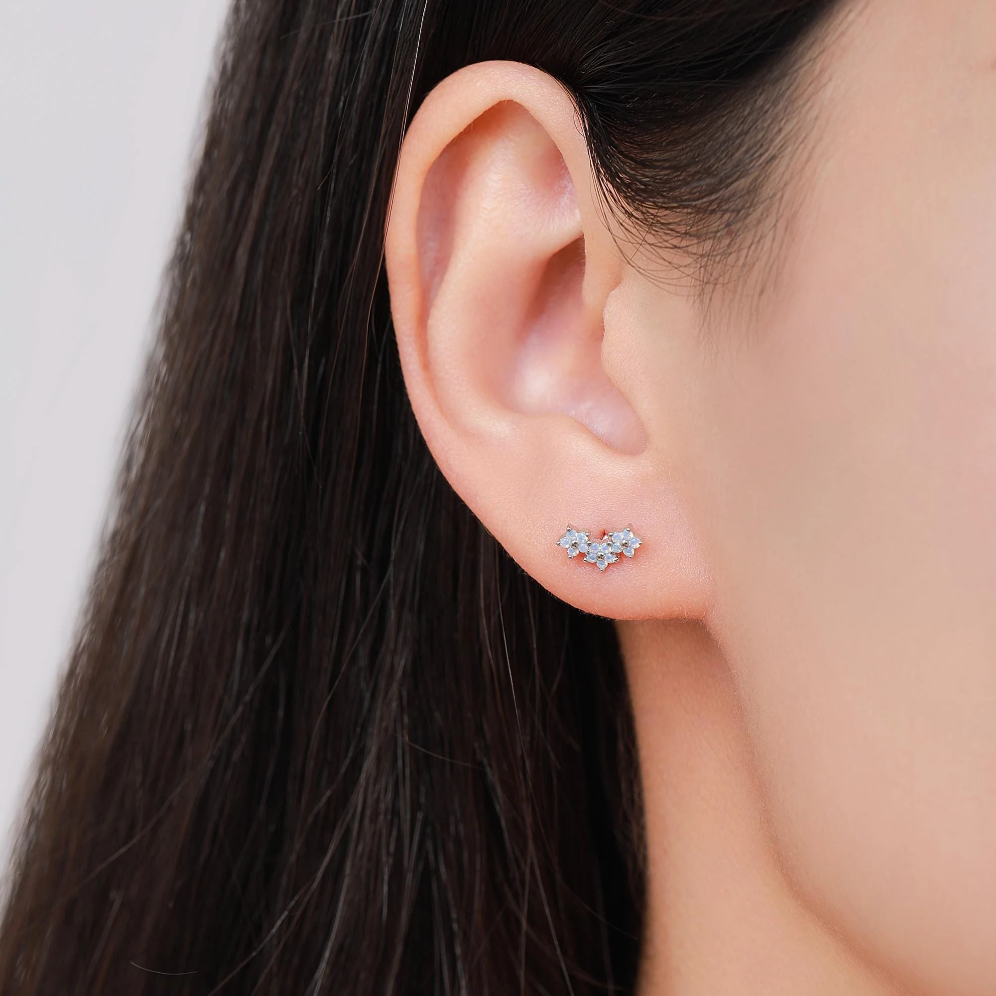 Internally Threaded CZ Flower Flat Back Earrings in Sterling Silver, Opal Blue Forget Me Not Flower Bouquet CZ Earrings, Gold or Rose Gold - Image 2