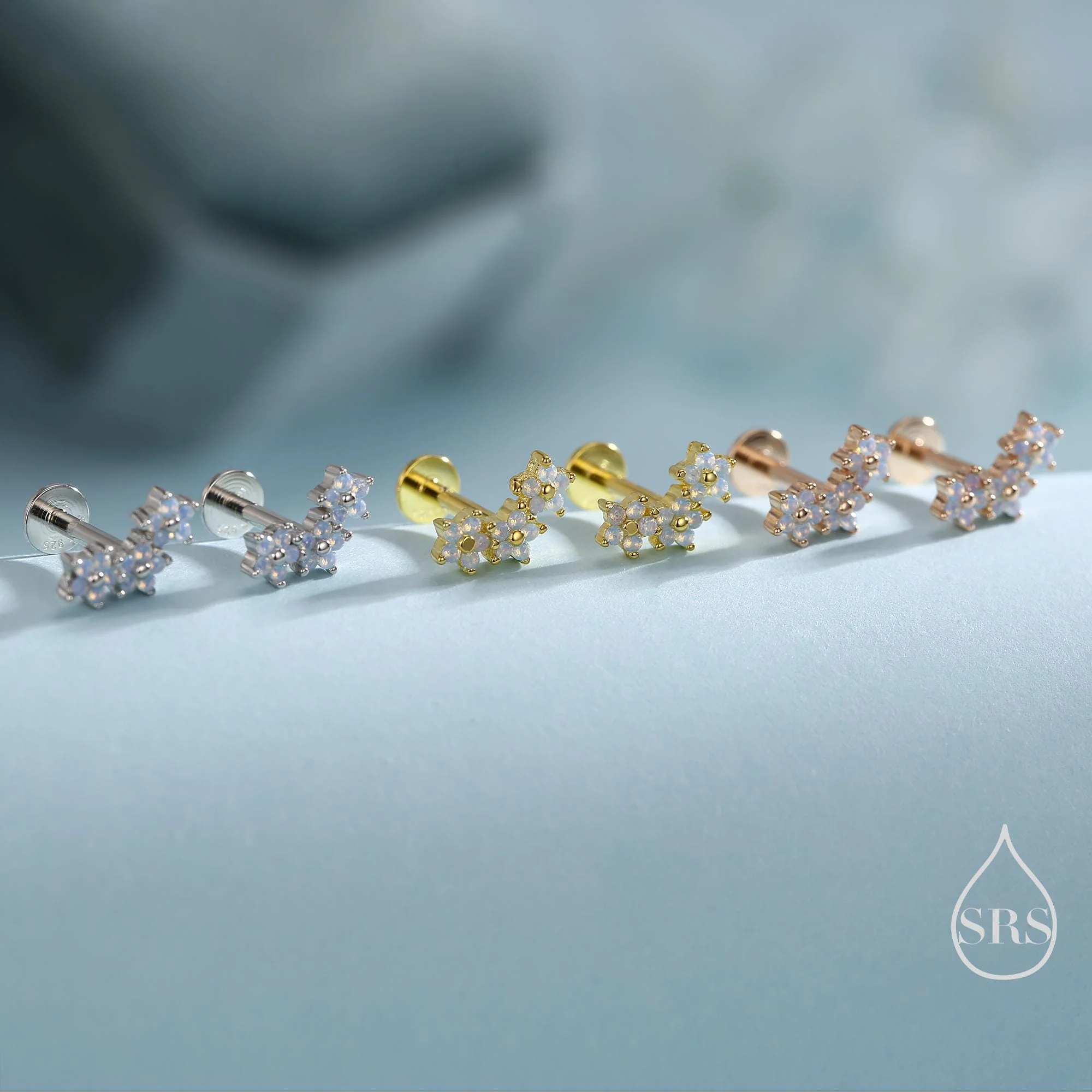 Internally Threaded CZ Flower Flat Back Earrings in Sterling Silver, Opal Blue Forget Me Not Flower Bouquet CZ Earrings, Gold or Rose Gold - Image 7