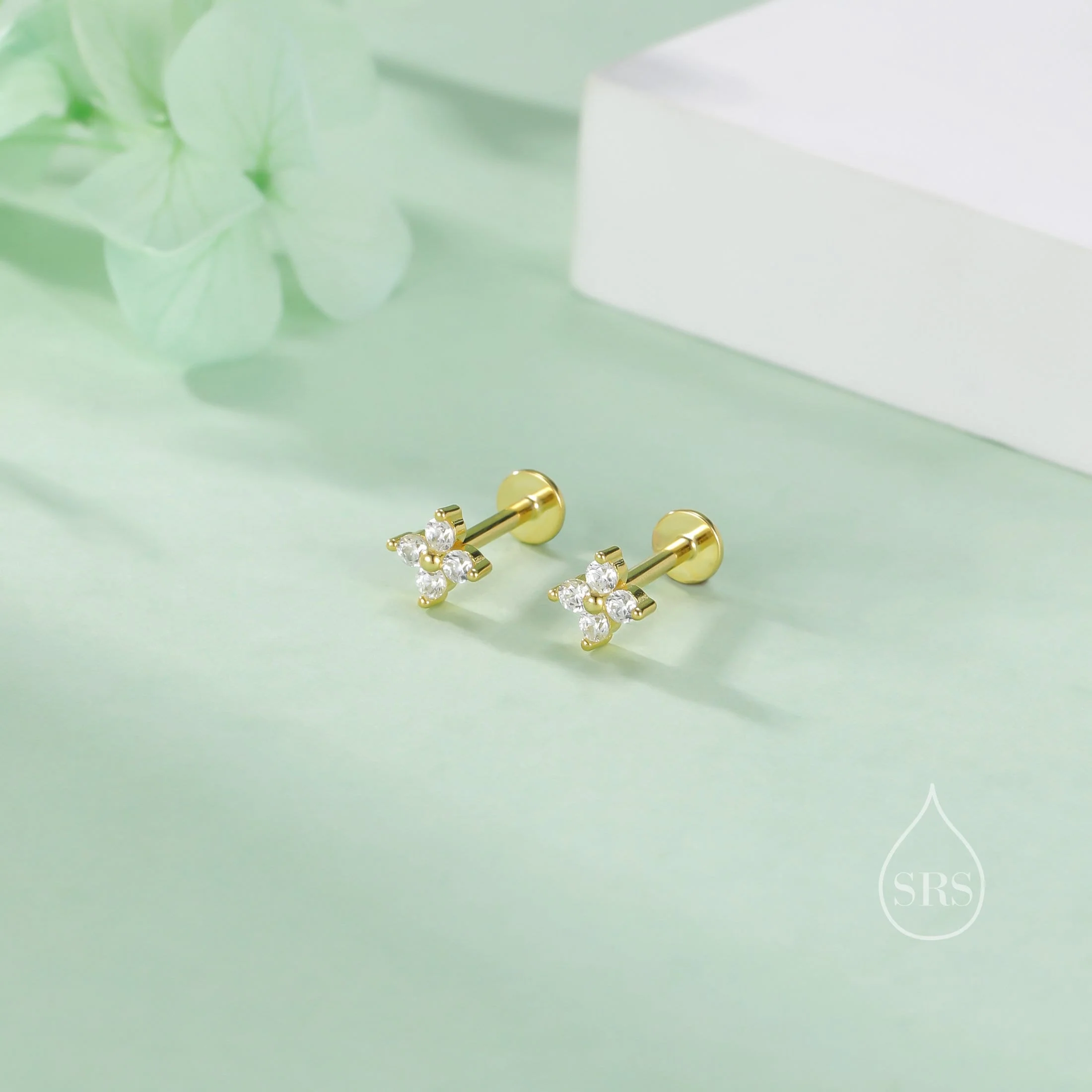 Hydrangea CZ 16G Internally Threaded Flat Back Earrings in Sterling Silver - Image 5