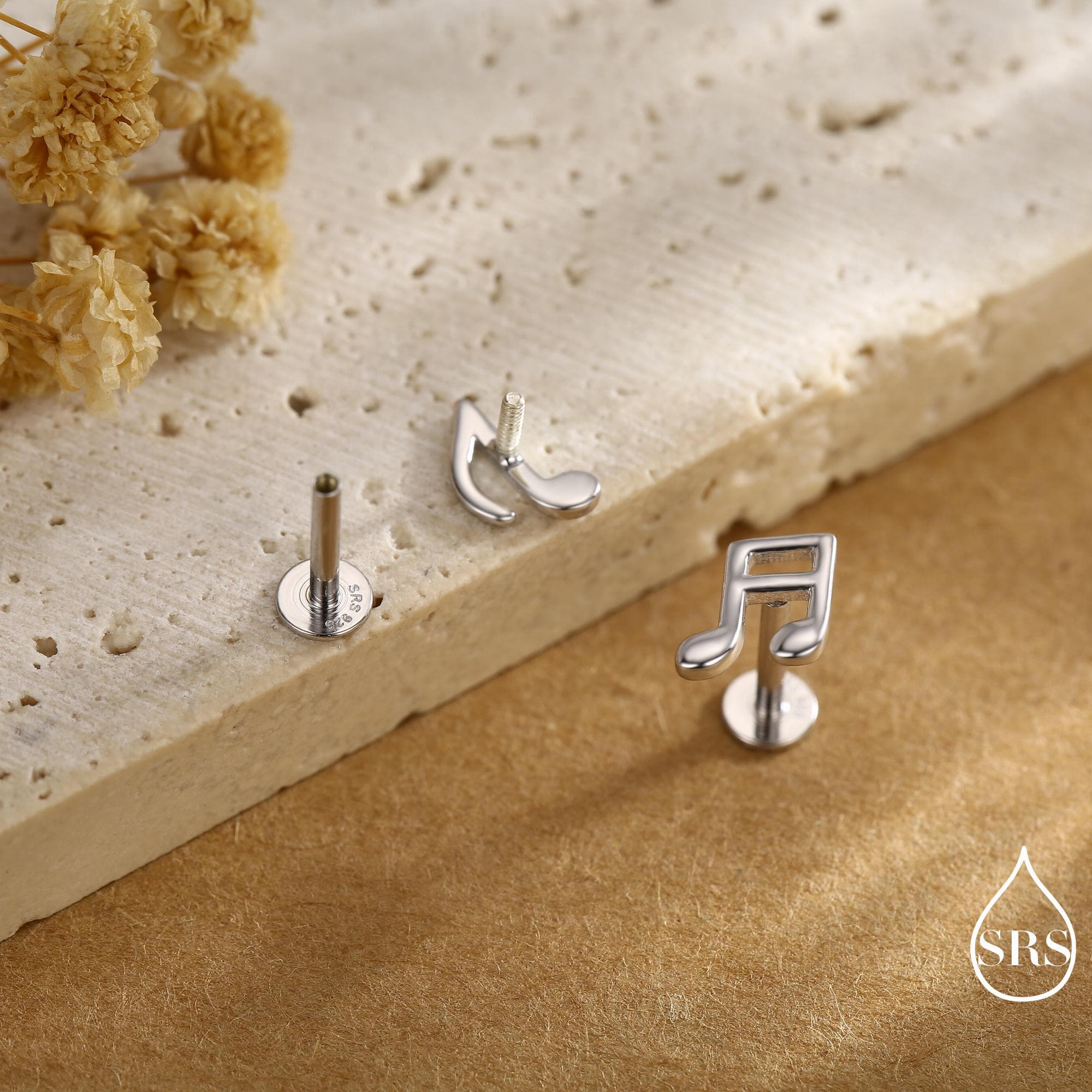 Internally Threaded Music Notes Flat Back / Screw Back / Stud Earrings in Sterling Silver, Mismatched Music Symbol Stud Earrings - Image 3