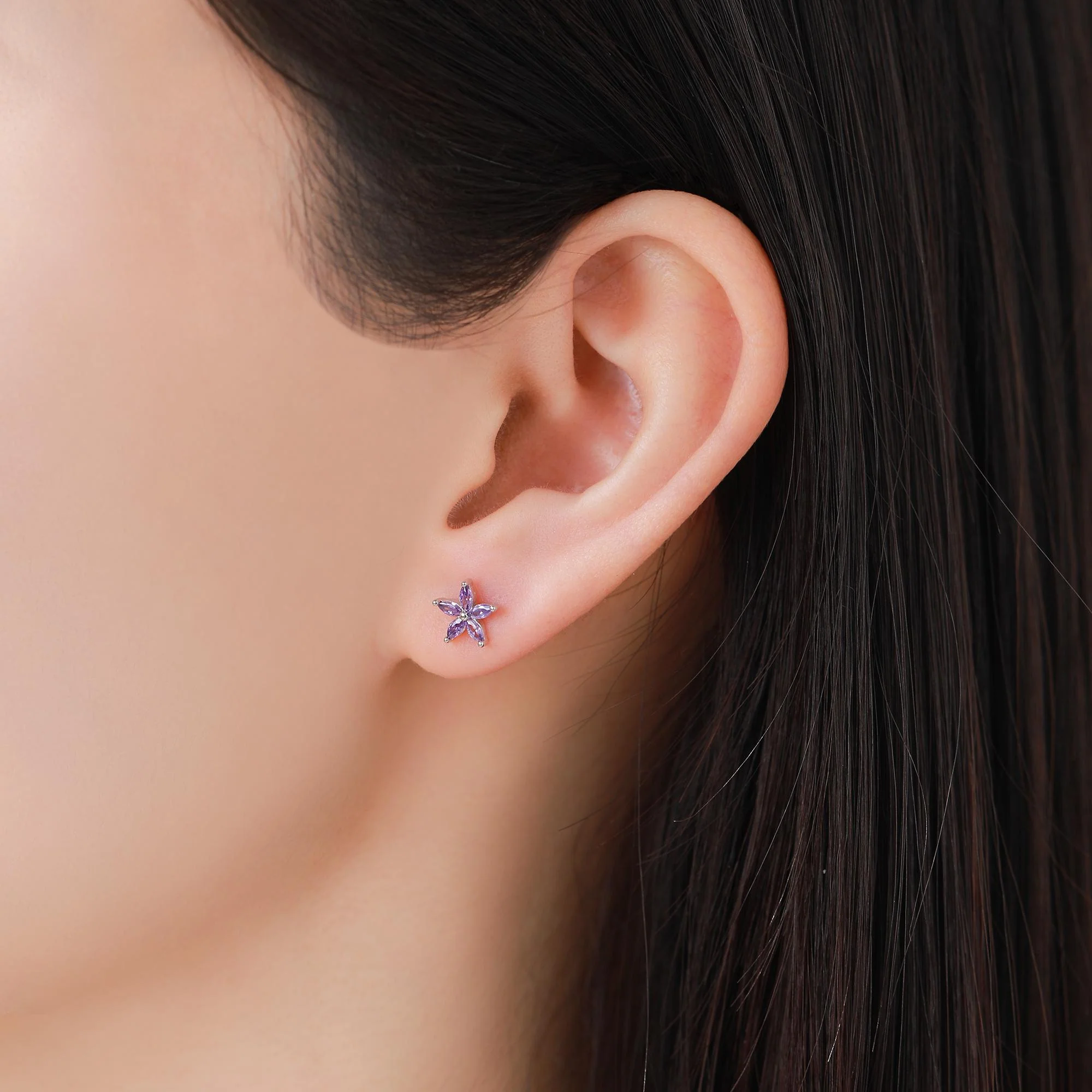 Internally Threaded Sterling Silver Purple Amethyst CZ Flower Flat Back/Screw Back/ Stud Earrings in Sterling Silver, Silver or Gold - Image 8