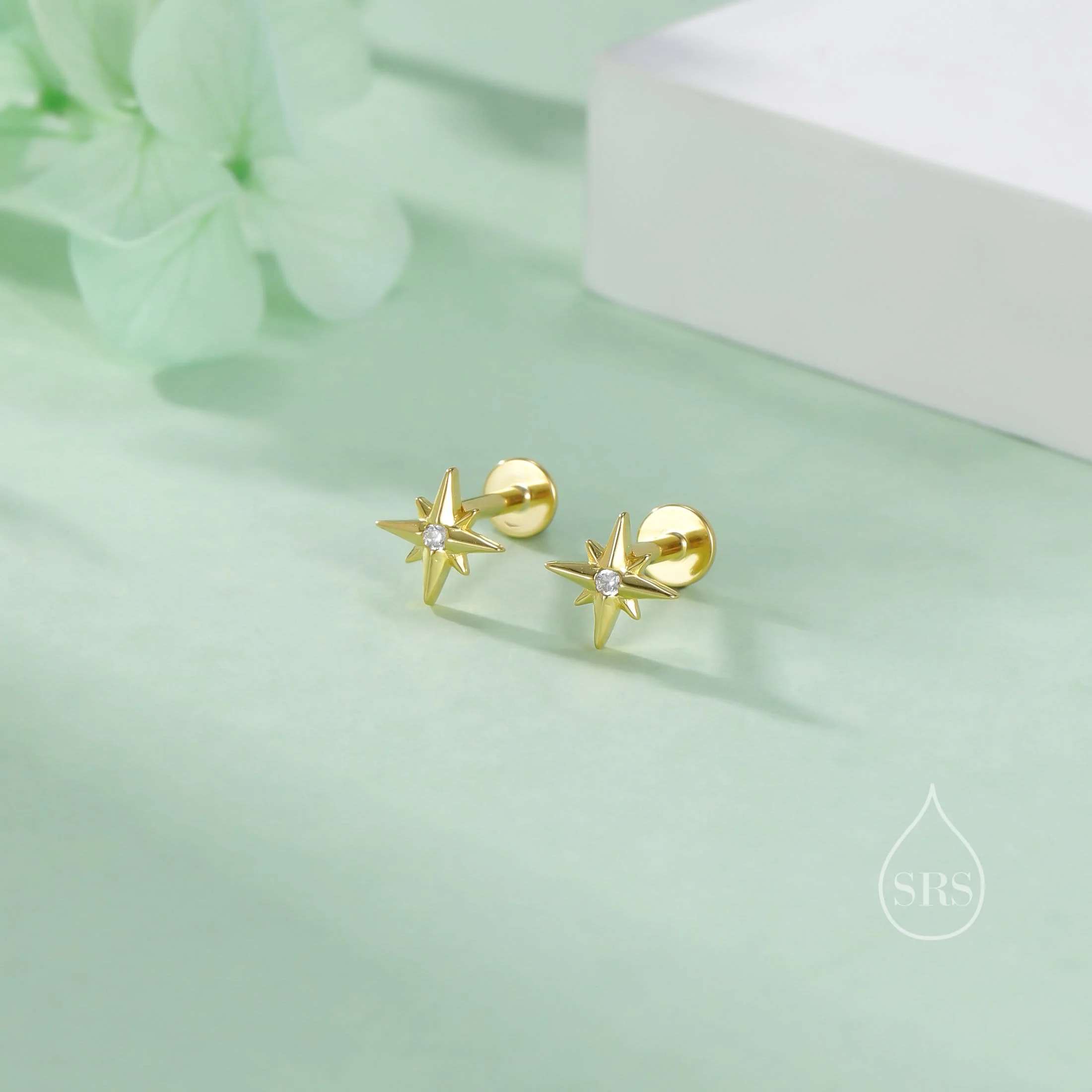 Internally Threaded Tiny CZ Starburst Flat Back Earrings in Sterling Silver, Star Earrings, Piercing Jewellery - Image 3