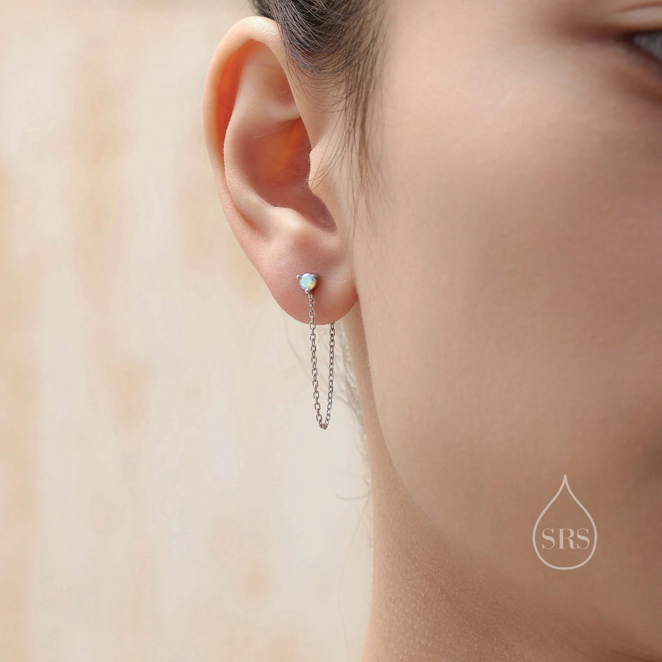 Iridescent Aurora CZ and Chain Ear Jacket in Sterling Silver, Silver or Gold or Rose Gold, Front and Back Earrings, Two Part Earrings