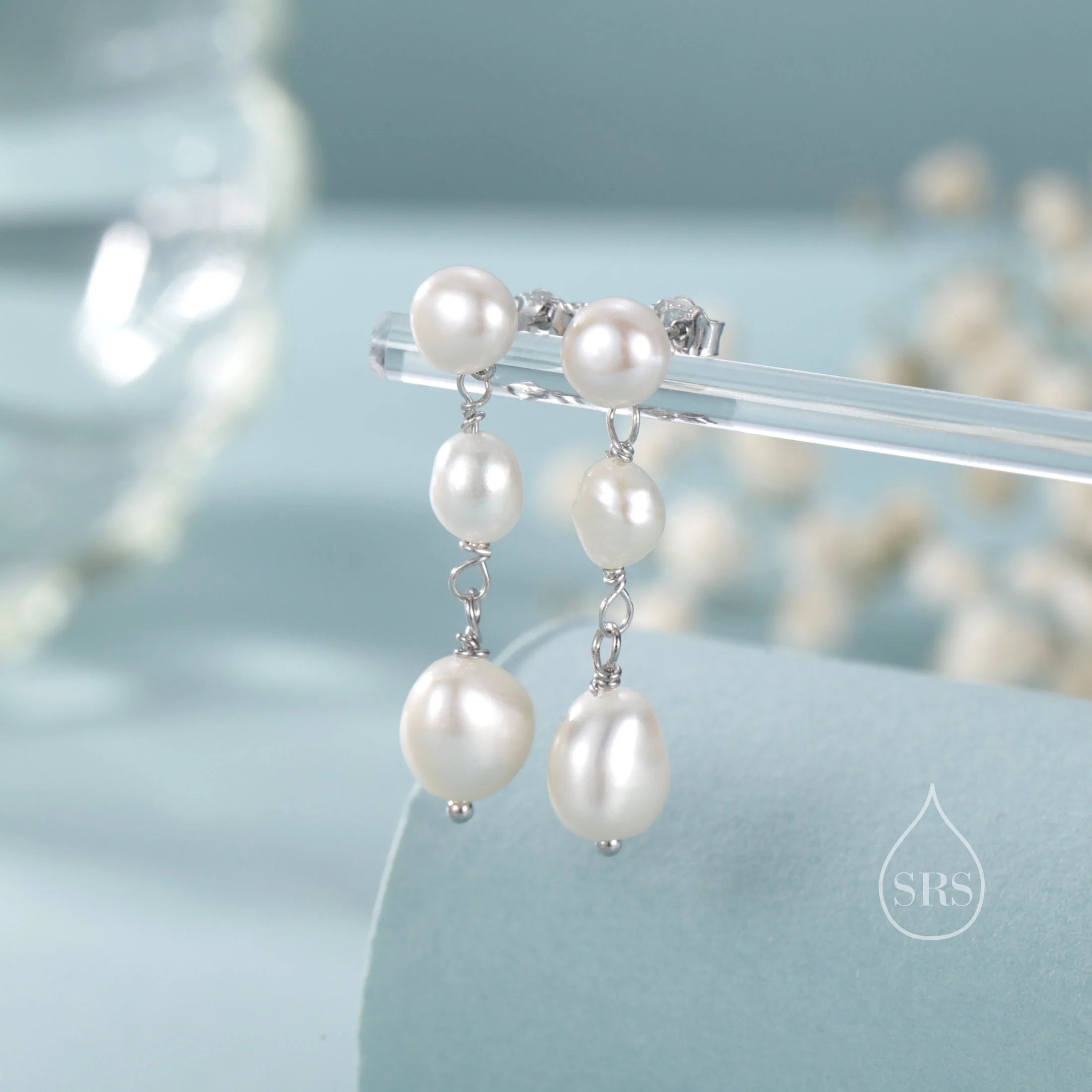 Irregular Shaped Freshwater Pearl Trio Drop Hook Earrings in Sterling Silver, Silver or Gold, Baroque Pearl Drop Earrings, Natural Pearls - Image 3