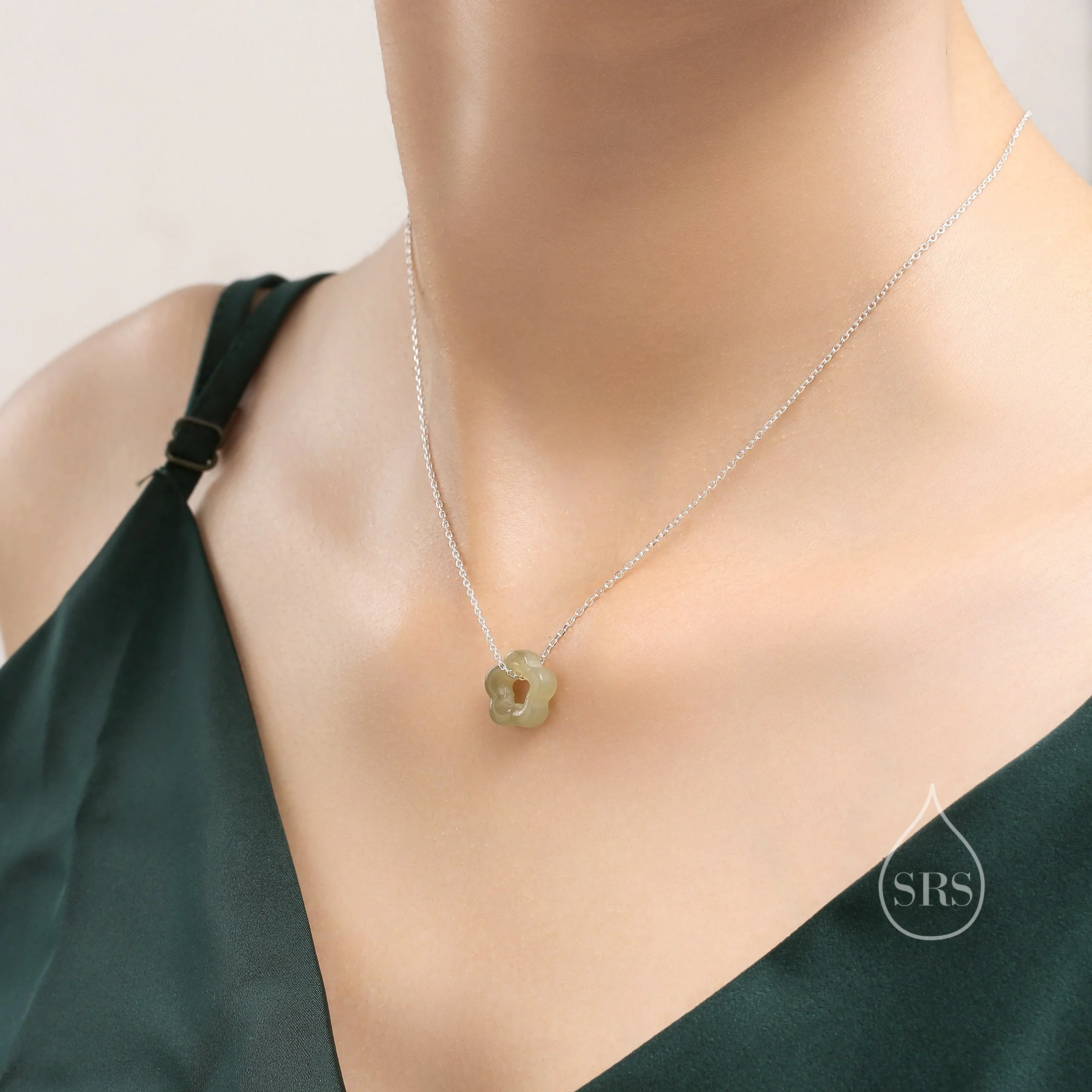 Jade Flower Pendant Necklace in Sterling Silver, Jade Necklace, Jaspter Jade Necklace, Jade Flower Necklace - Image 2