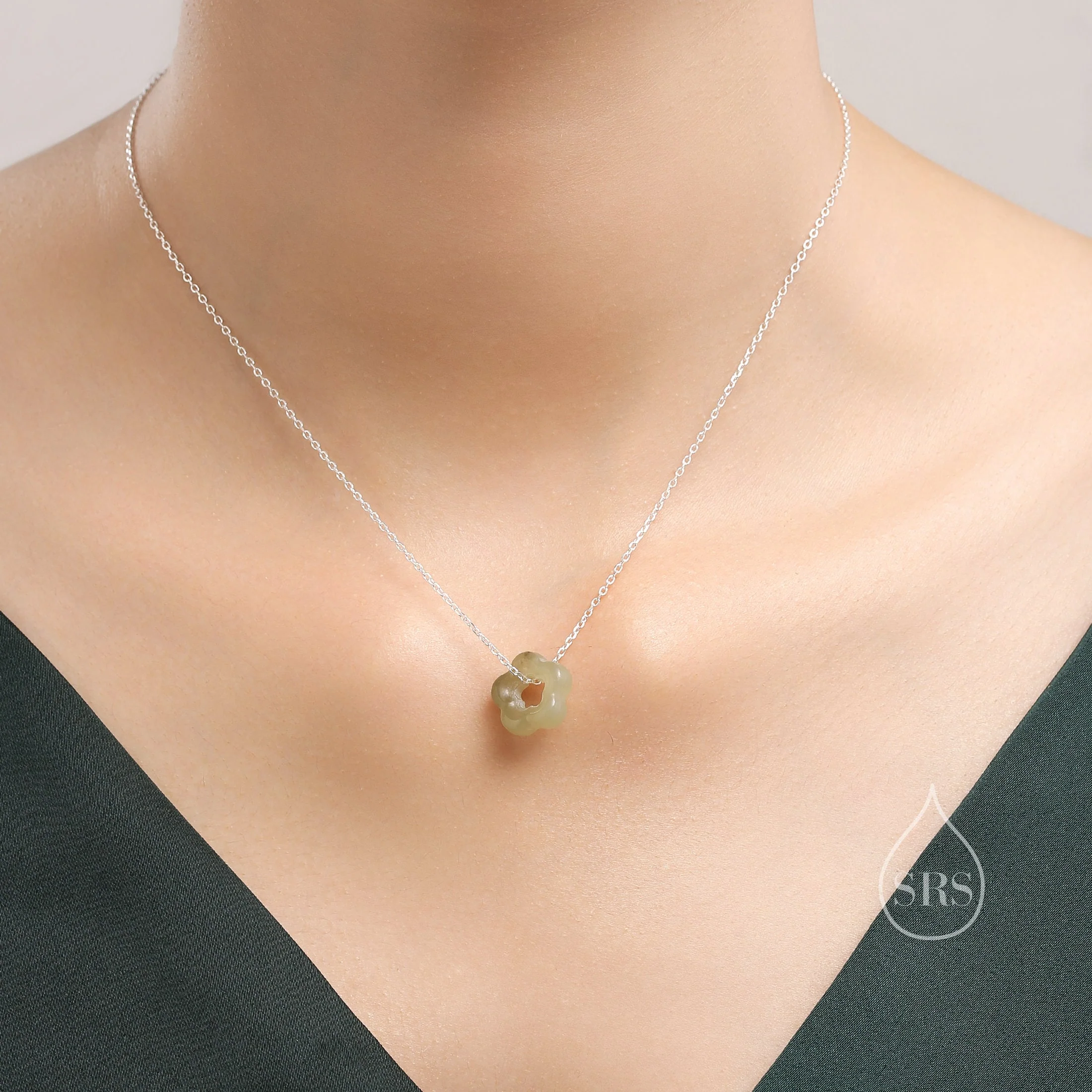 Jade Flower Pendant Necklace in Sterling Silver, Jade Necklace, Jaspter Jade Necklace, Jade Flower Necklace - Image 4