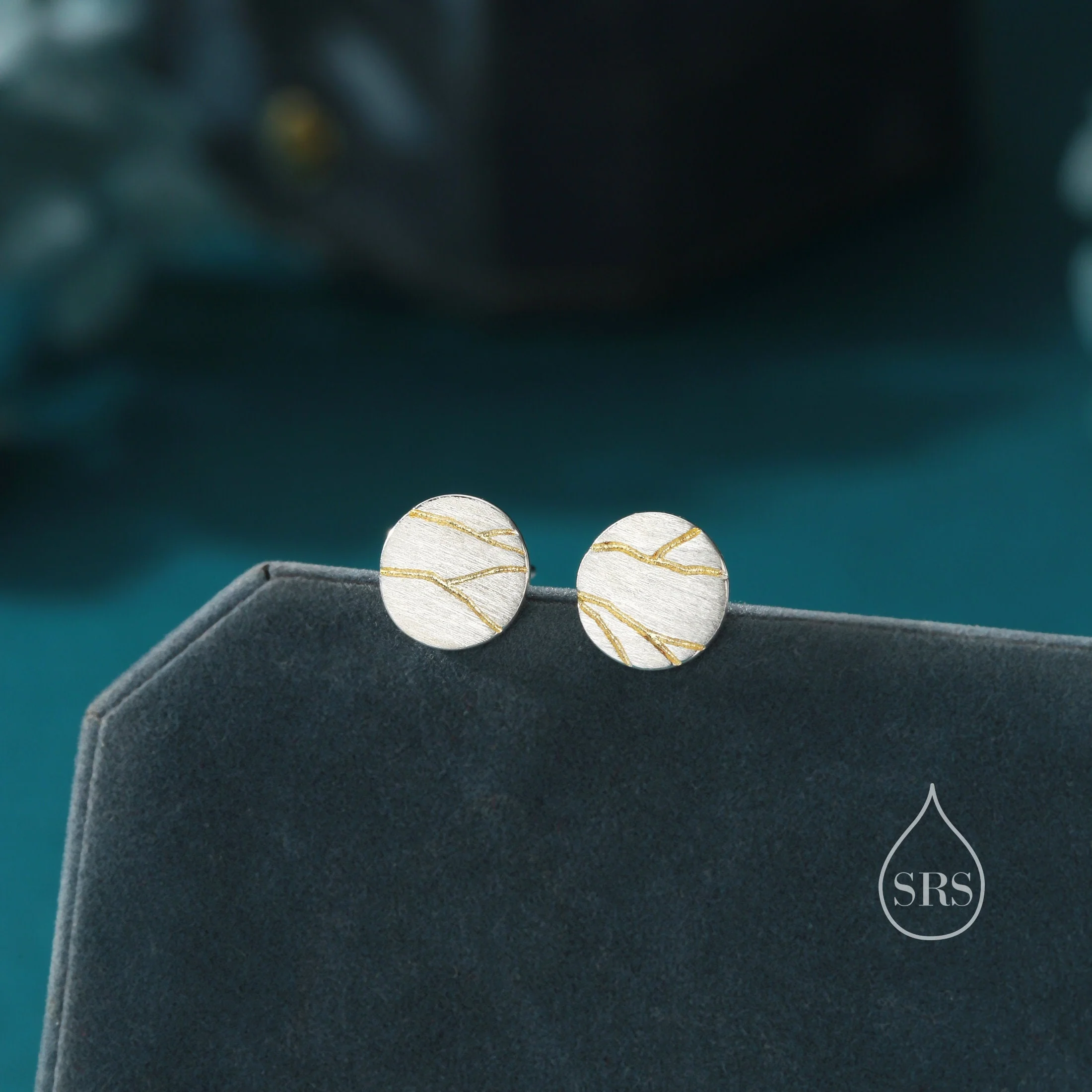 Japanese Kintsugi Inspired Disk Stud Earrings in Sterling Silver, Brushed Texture, Kintsugi - Art of Embracing of the Flawed or Imperfect - Image 4