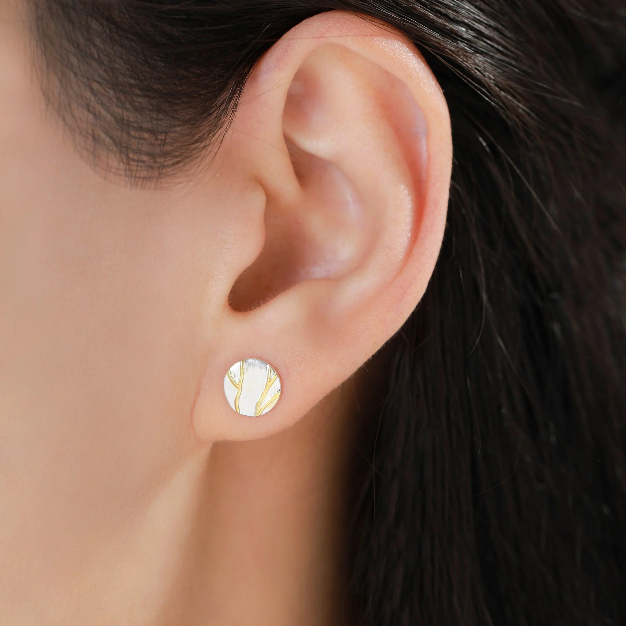 Japanese Kintsugi Inspired Disk Stud Earrings in Sterling Silver, Kintsugi - Art of Embracing of the Flawed or Imperfect - Image 6