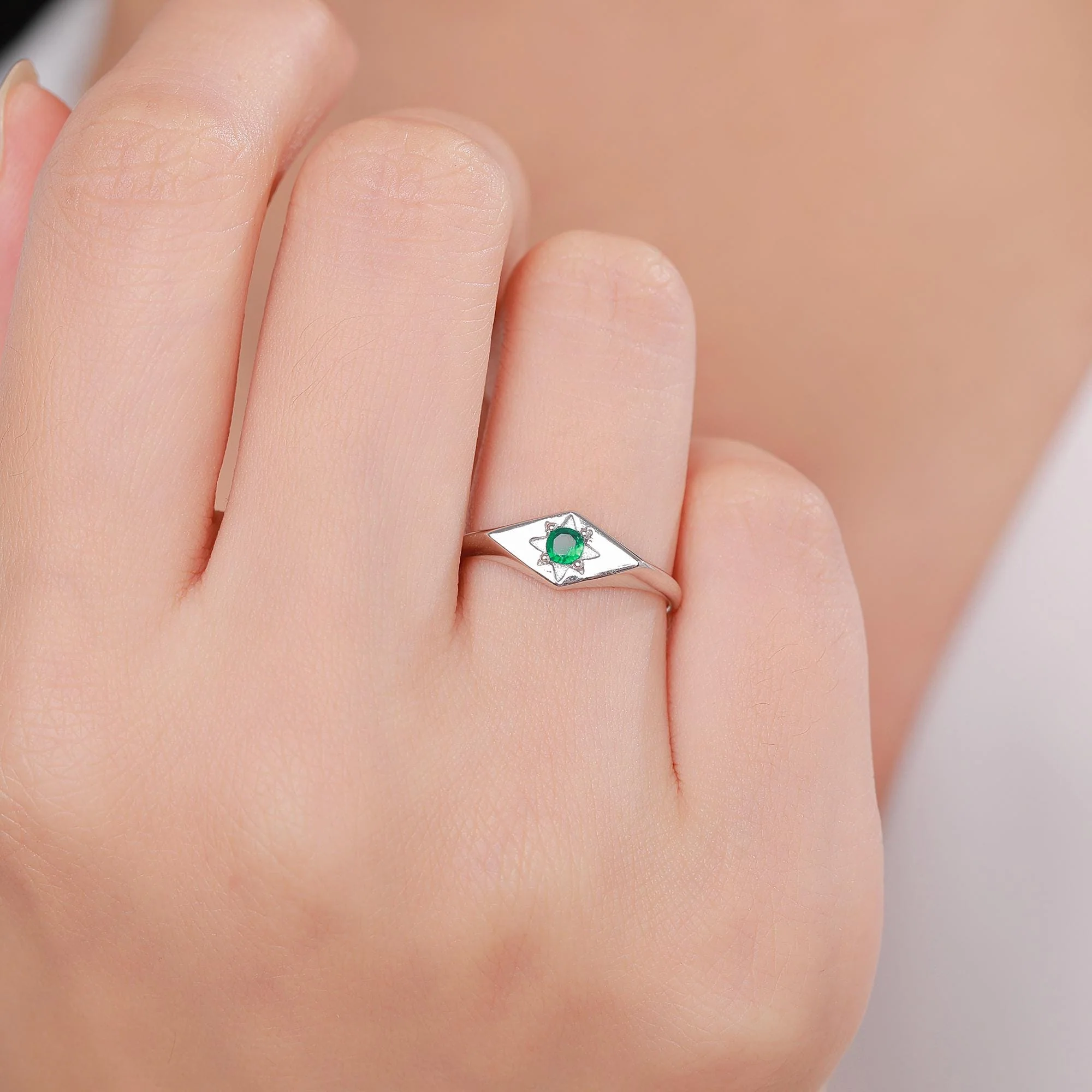 Kite Signet Emerald Ring in Sterling Silver, Silver or Gold, Starburst Emerald CZ Ring, Rhombus Ring, US 5 - 8 - Image 3