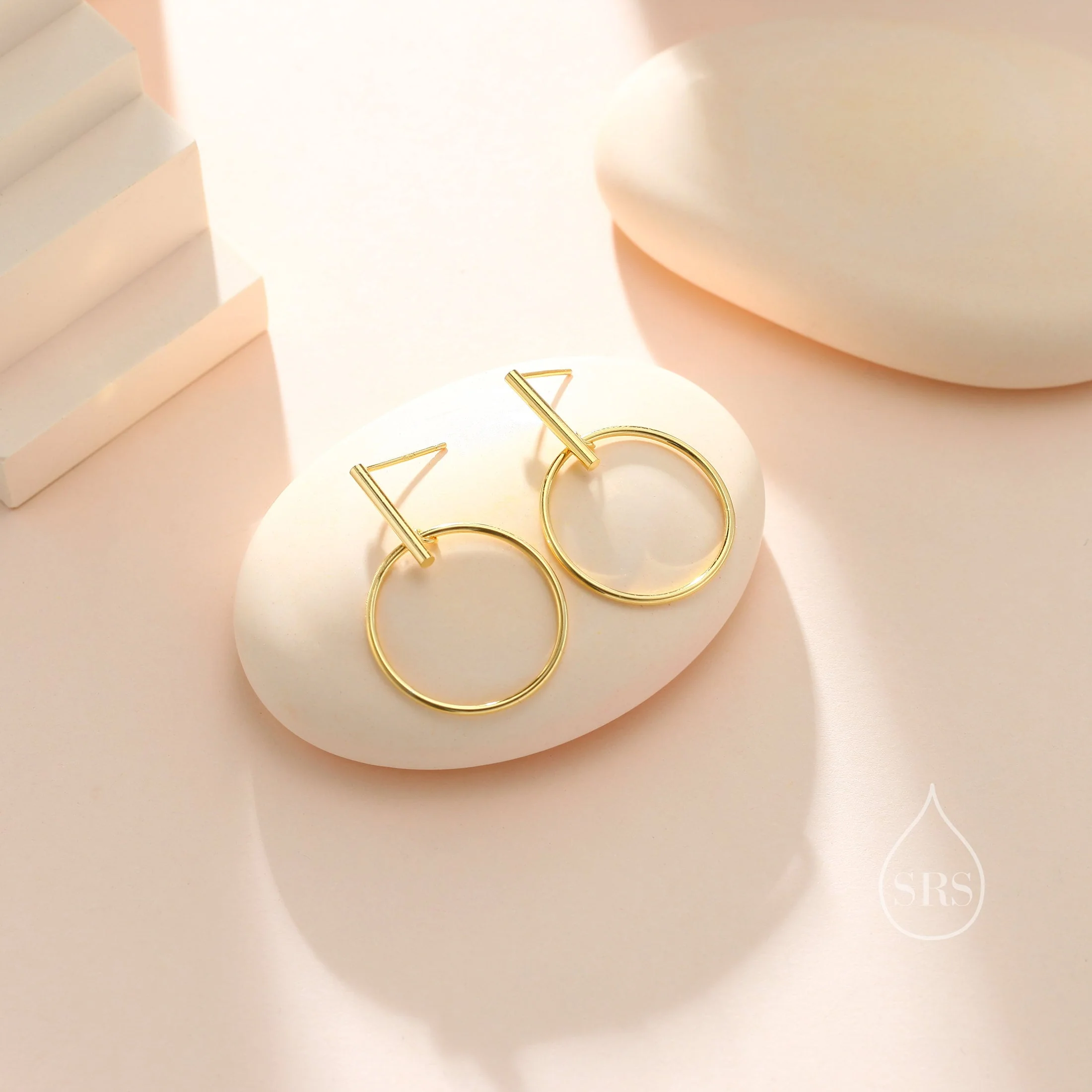 Large Dangle Circle and Bar Stud Earrings in Sterling Silver, Silver, Gold or Rose Gold, Geometric Circle Dangle Earrings - Image 2