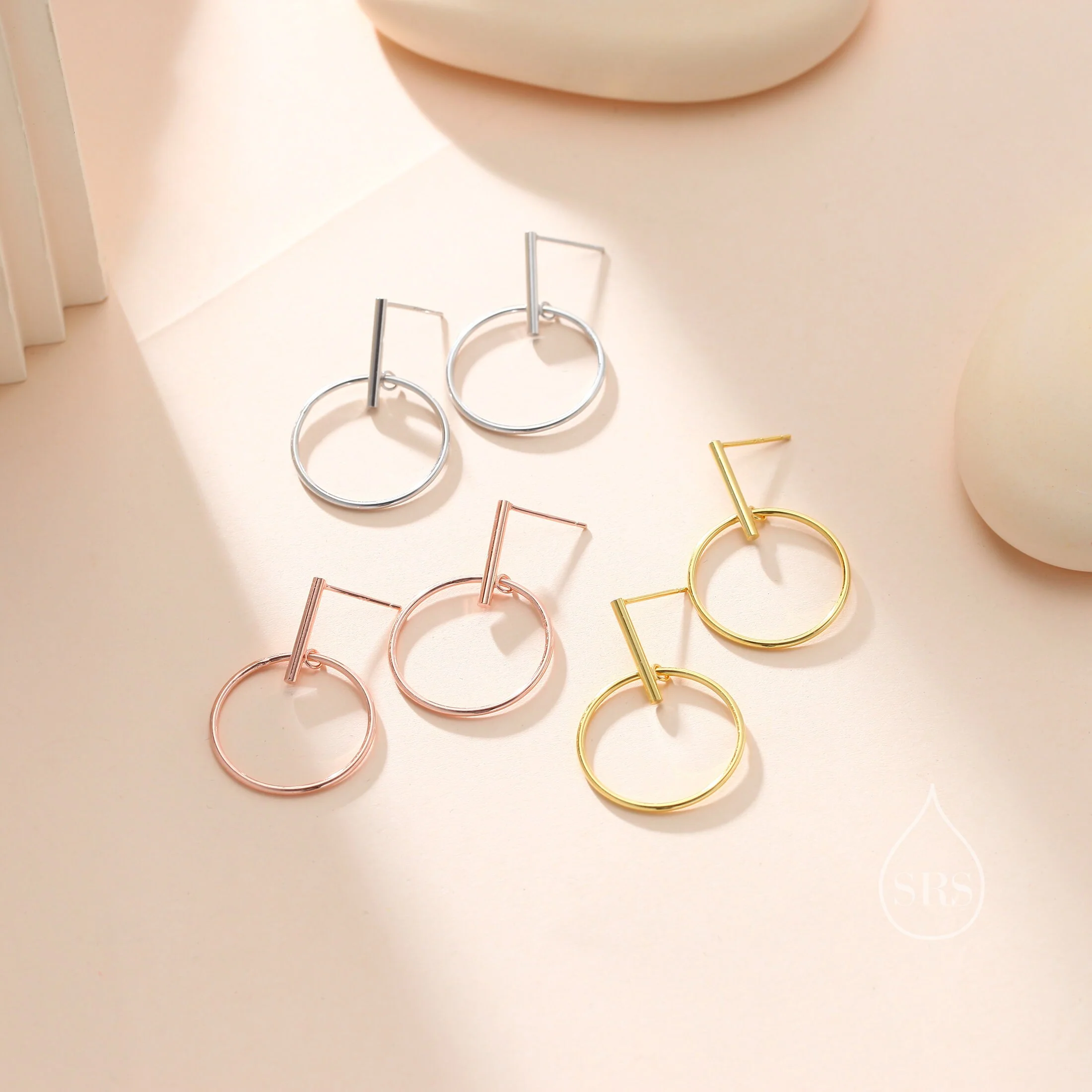 Large Dangle Circle and Bar Stud Earrings in Sterling Silver, Silver, Gold or Rose Gold, Geometric Circle Dangle Earrings - Image 5