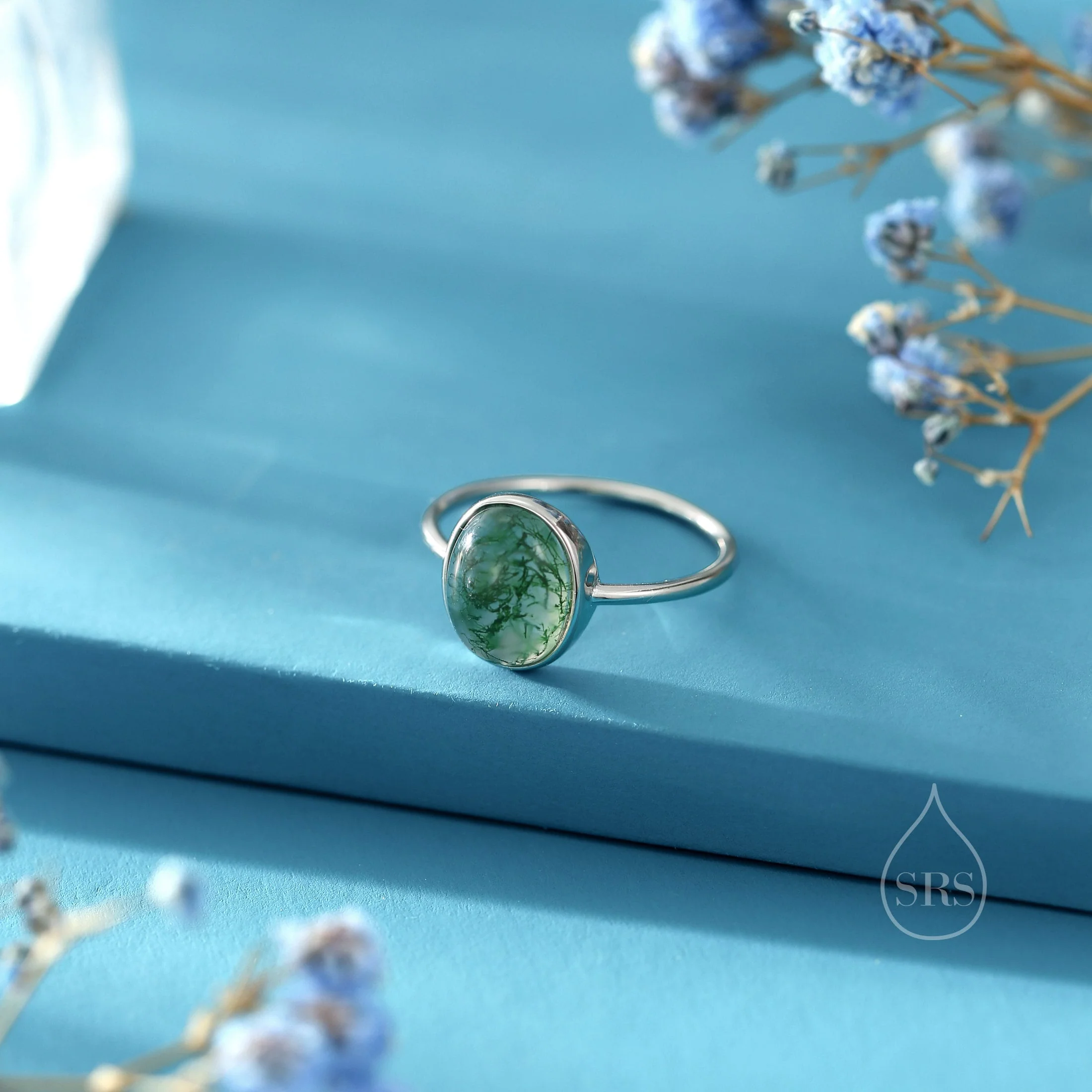 Large Oval Cabochon Moss Agate Classic Single Stone Engagement Ring in Sterling Silver, US Size 5 6 7 8, Oval Cut Shape Moss Agate Ring - Image 4