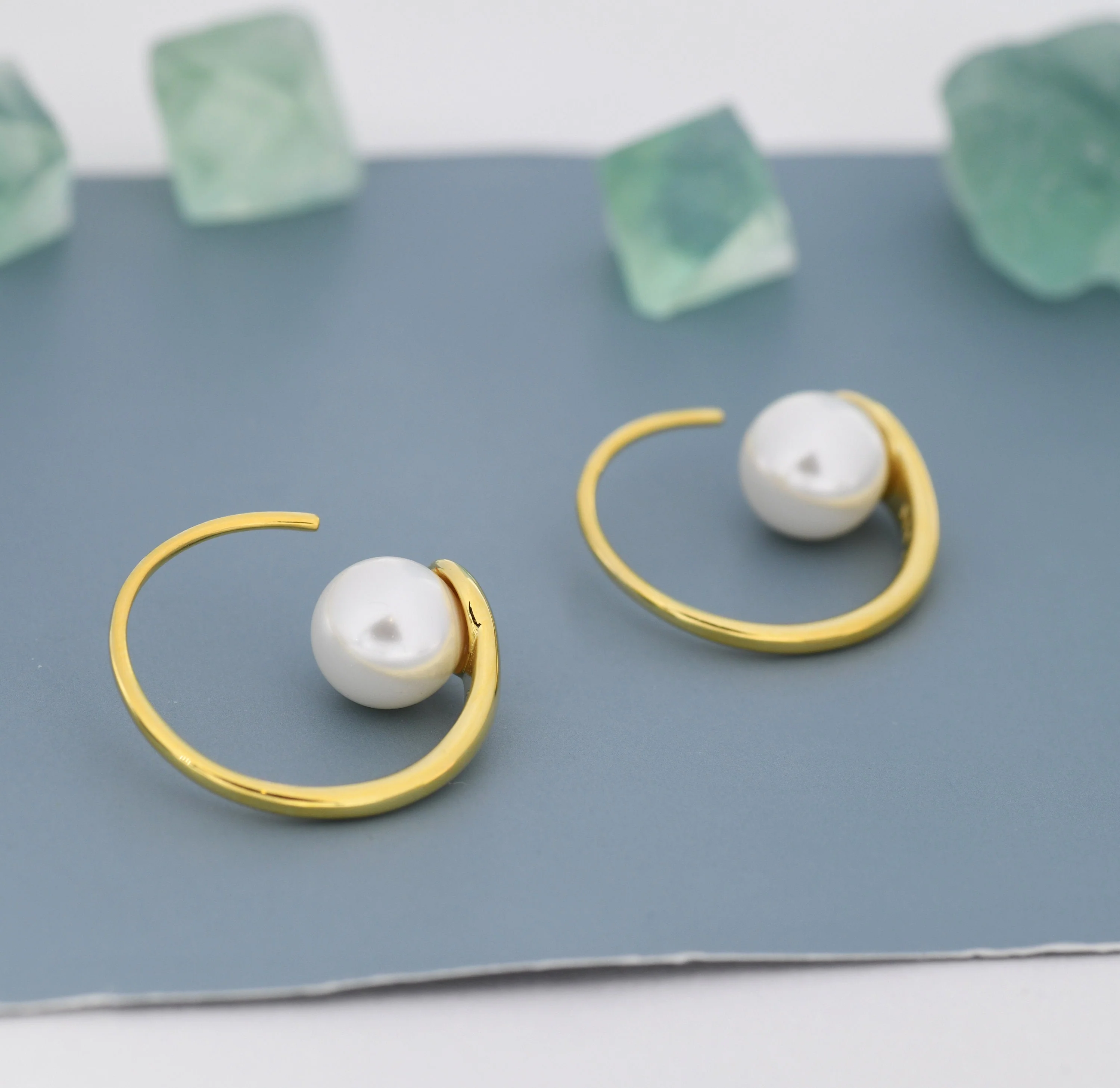 Large Pearl Open Hoop Earrings in Sterling Silver, Silver or Gold, Large Balance Pearl Pull Through Threaders, 20mm Hoops, Organic Shape - Image 3