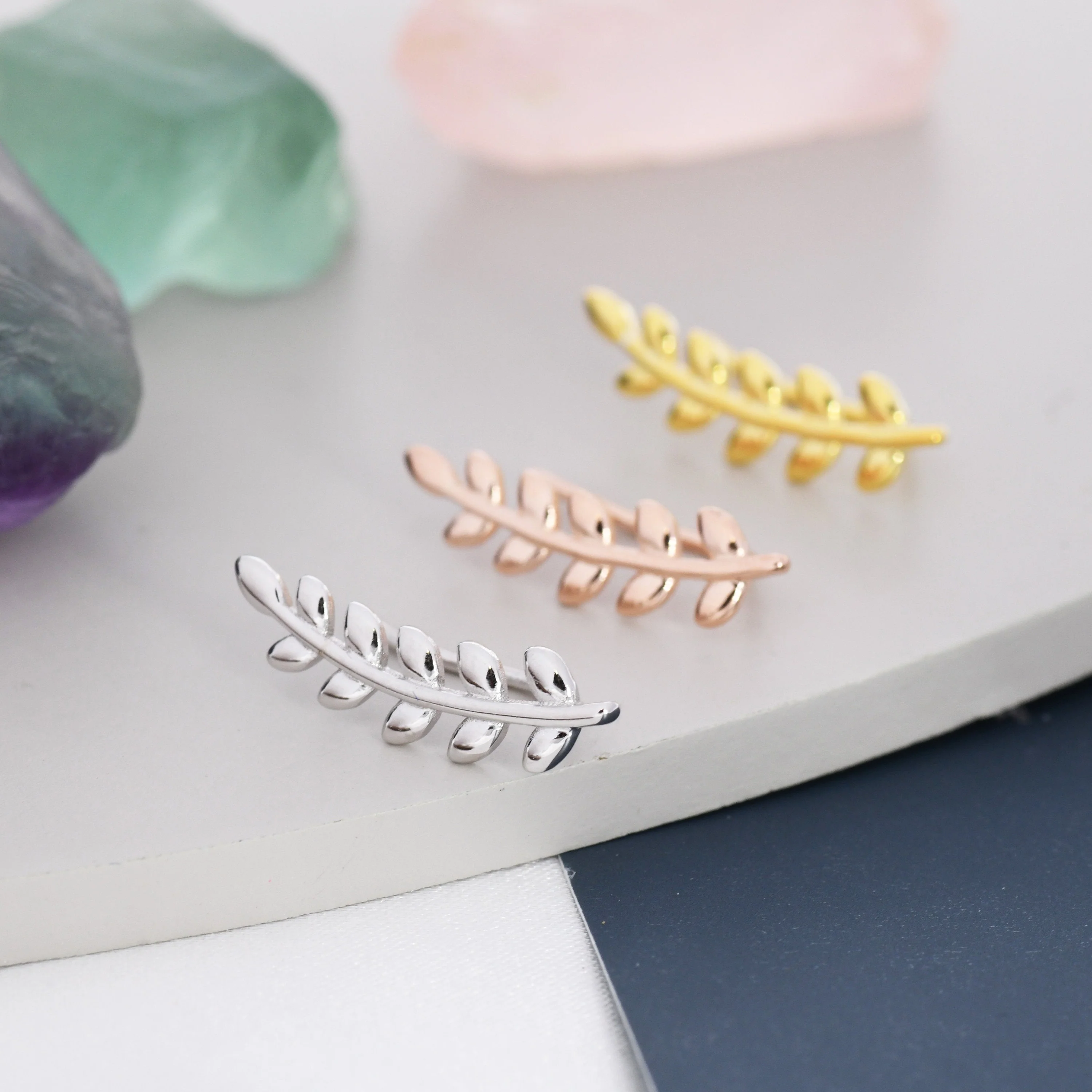 Leaf crawler Earrings in Sterling Silver, Silver, Gold or Rose Gold, Olive Branch Climber Earrings, Nature Inspired Ear Climbers - Image 4