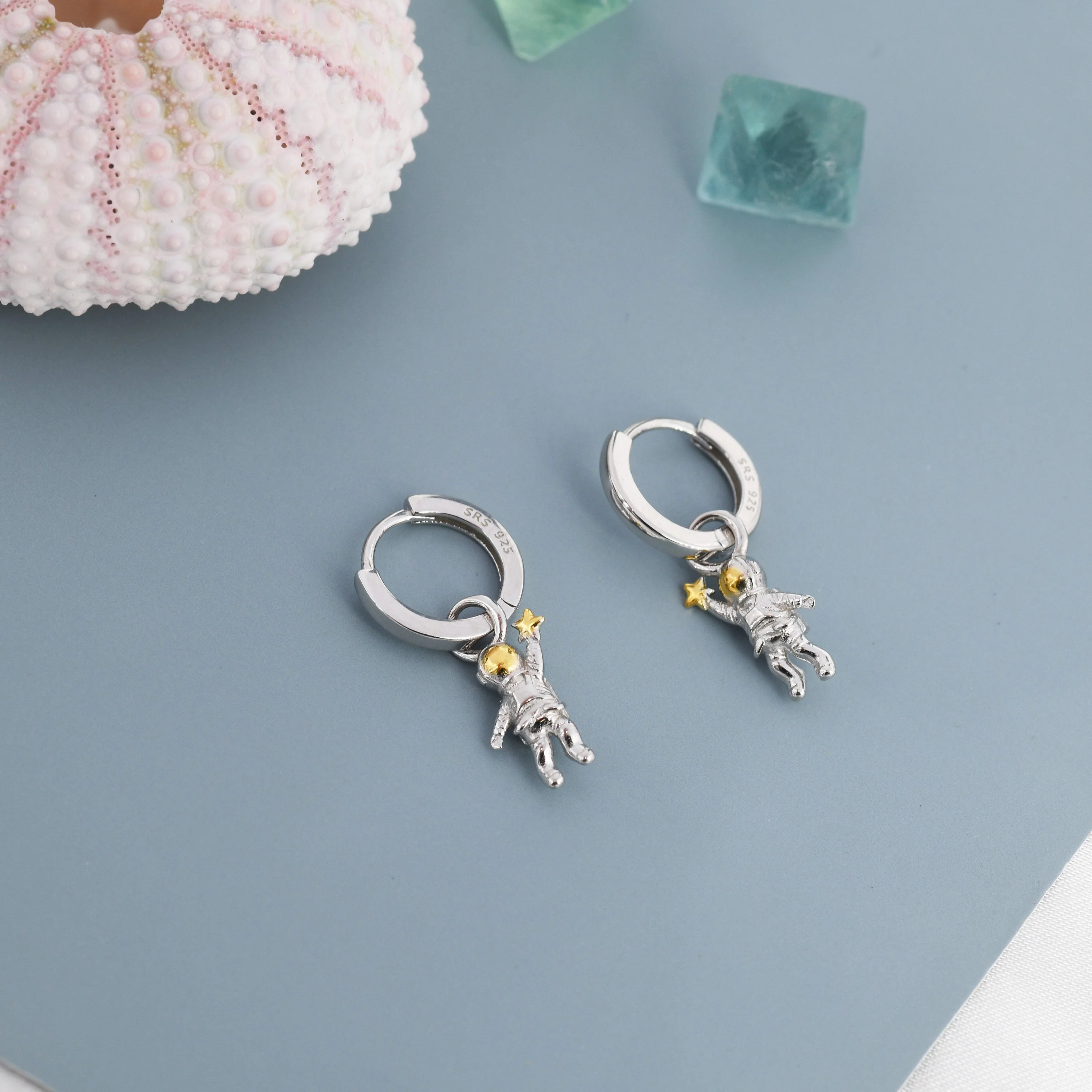 Little Astronaut Charmed Hoop Earrings in Sterling Silver - Cute Space Theme Huggie Hoop Earrings  -   Fun, Whimsical, Detachable - Image 2