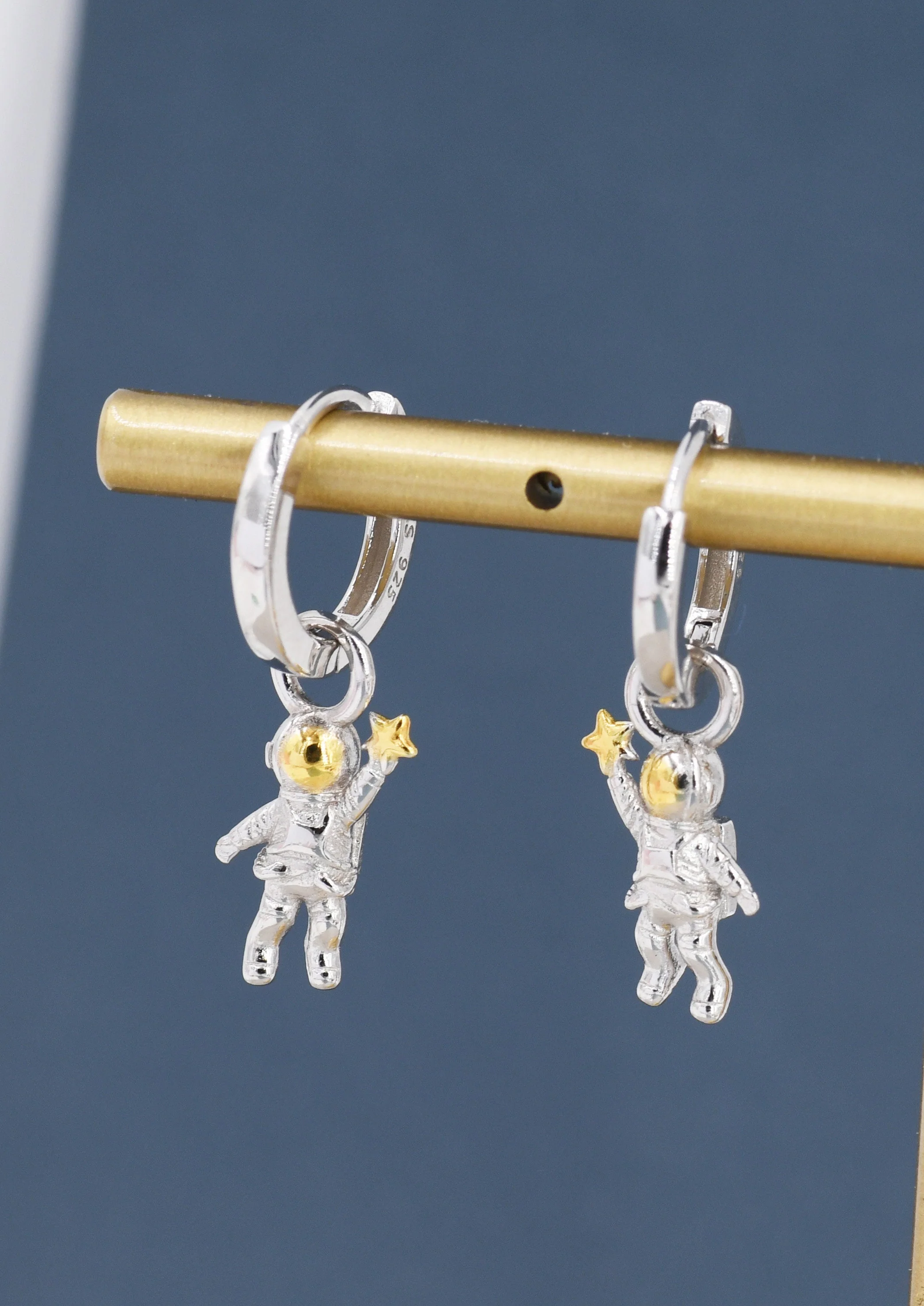 Little Astronaut Charmed Hoop Earrings in Sterling Silver - Cute Space Theme Huggie Hoop Earrings  -   Fun, Whimsical, Detachable - Image 5