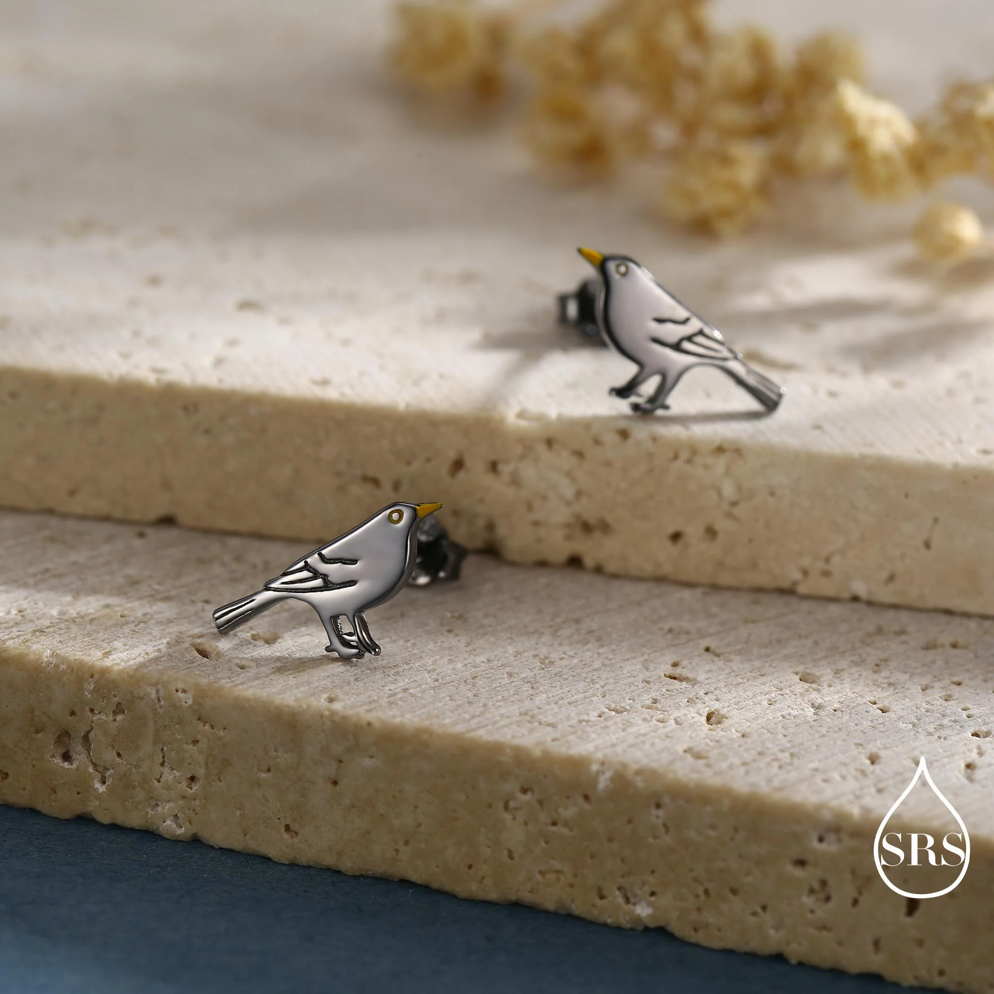 Little Black Bird Stud Earrings in Sterling Silver with Yellow Beak - Black Rhodium Coated Sterling Silver, Animal Stud Earrings - Image 5