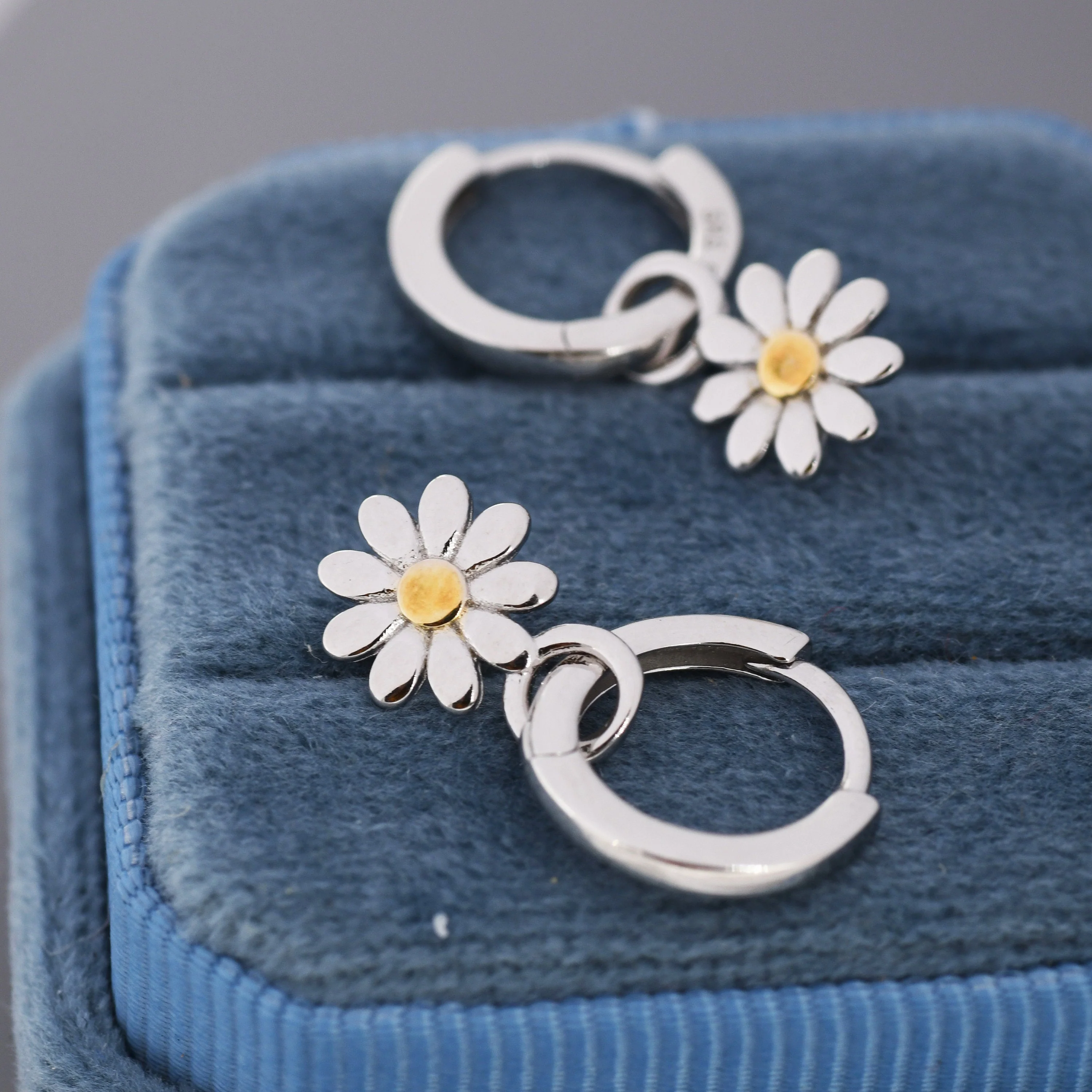 Little Daisy Flower Charmed Hoop Earrings in Sterling Silver - Cute Flower Blossom Huggie Hoop Earrings - Fun, Whimsical - Image 3