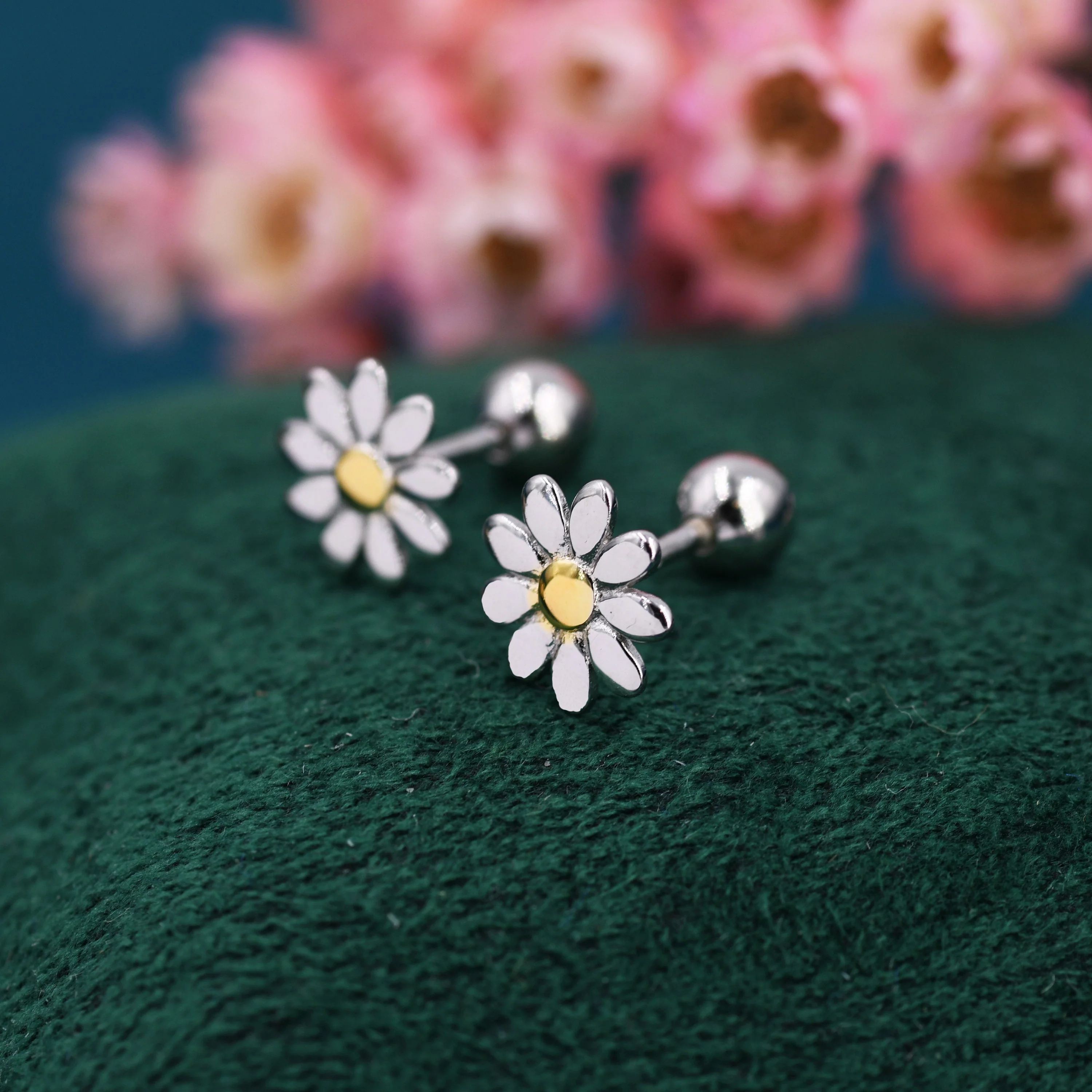 Little Daisy Flower 18G Screw Back Earrings in Sterling Silver