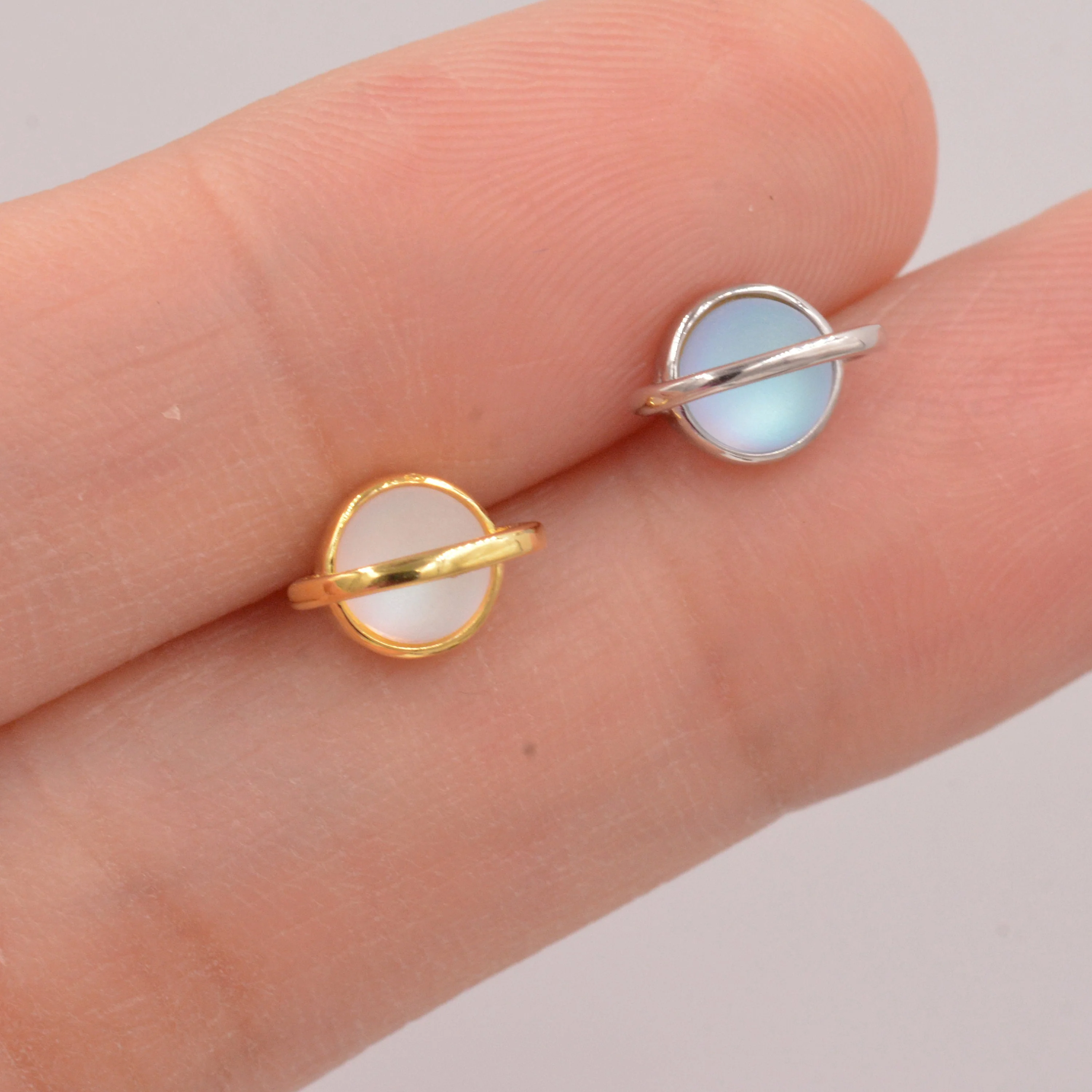 Little Planet Stud Earrings in Sterling Silver - Simulated Moonstone - Gold or Silver - Sold as a Pair - Cute, Fun, Whimsical and Pretty - Image 3