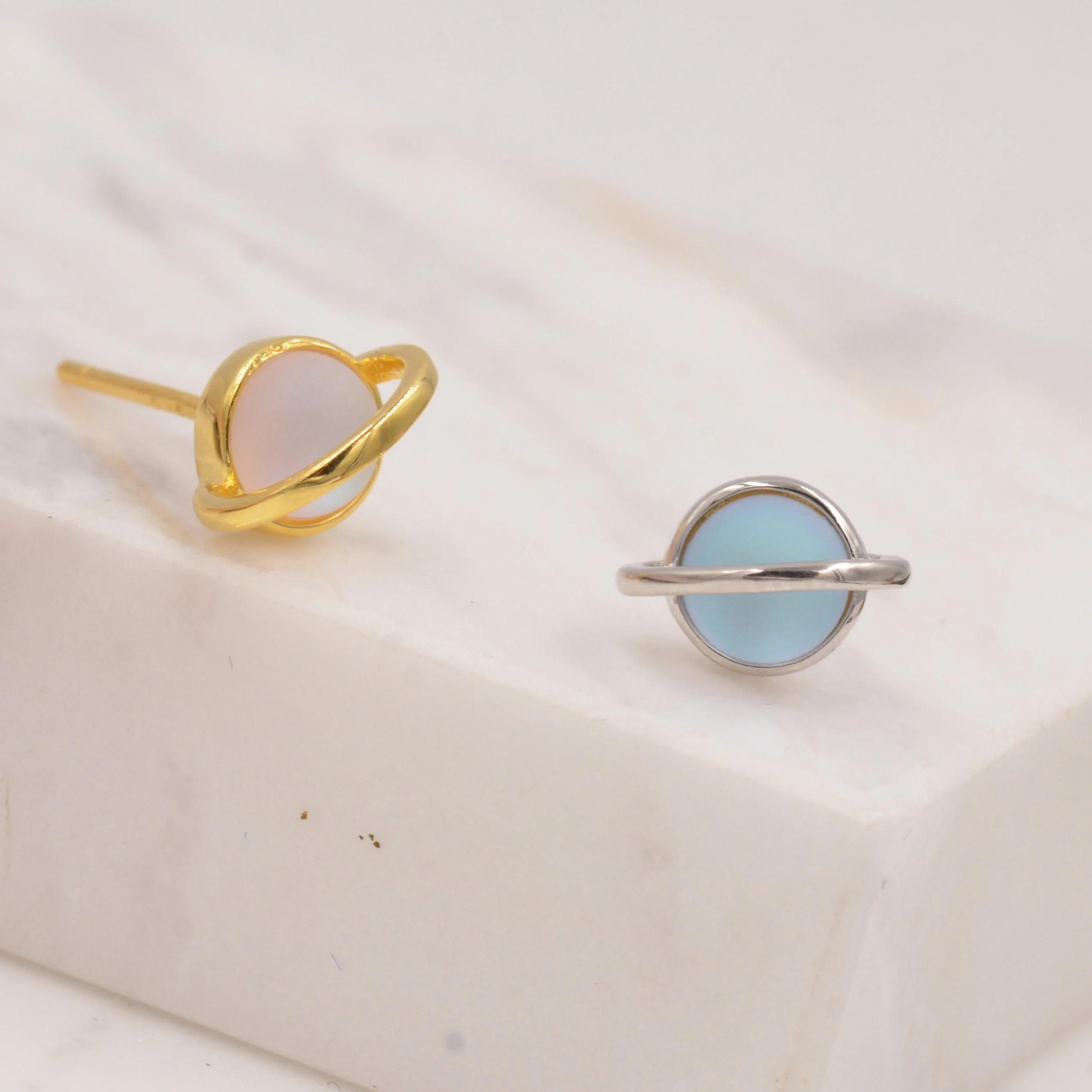 Little Planet Stud Earrings in Sterling Silver - Simulated Moonstone - Gold or Silver - Sold as a Pair - Cute, Fun, Whimsical and Pretty - Image 4