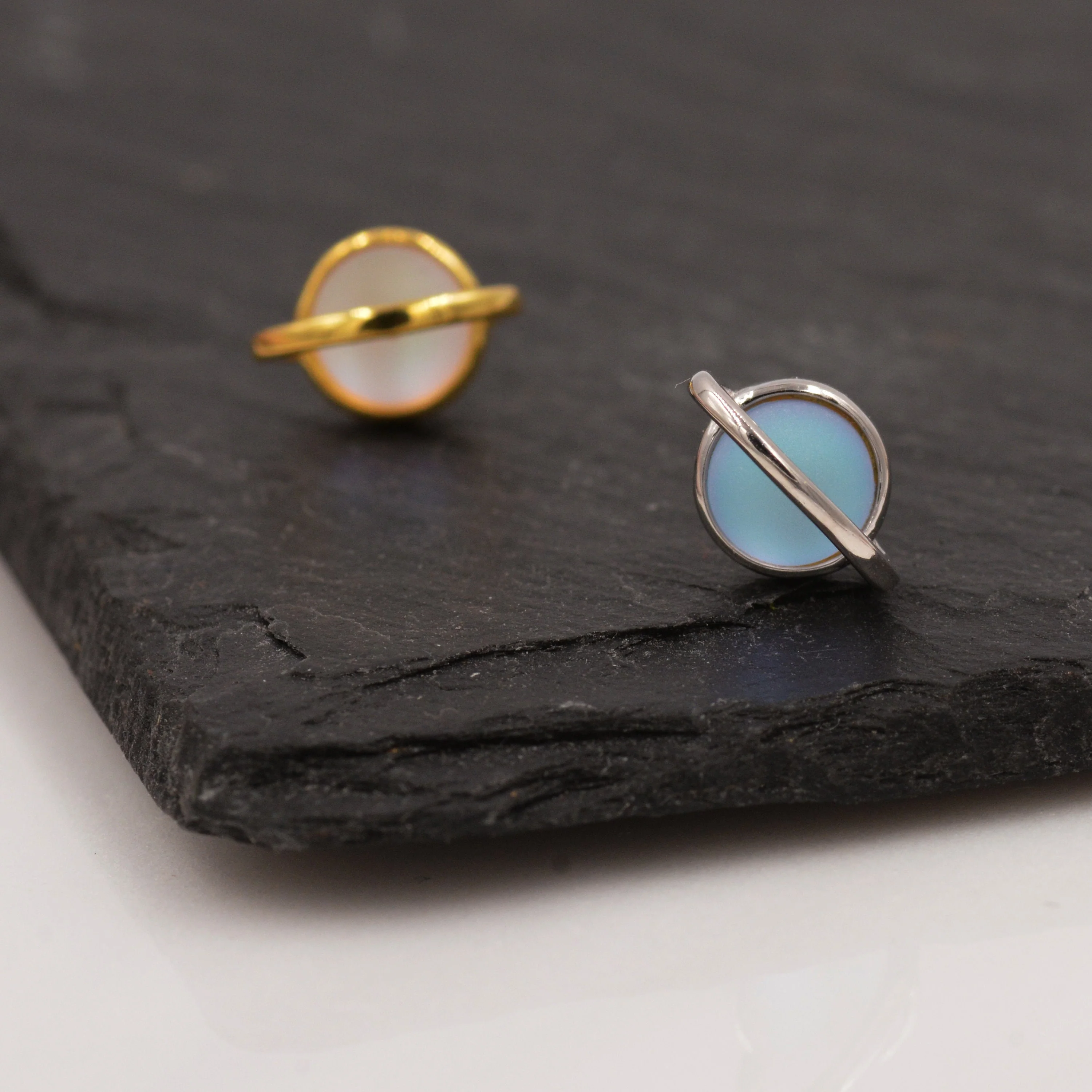 Little Planet Stud Earrings in Sterling Silver - Simulated Moonstone - Gold or Silver - Sold as a Pair - Cute, Fun, Whimsical and Pretty - Image 5