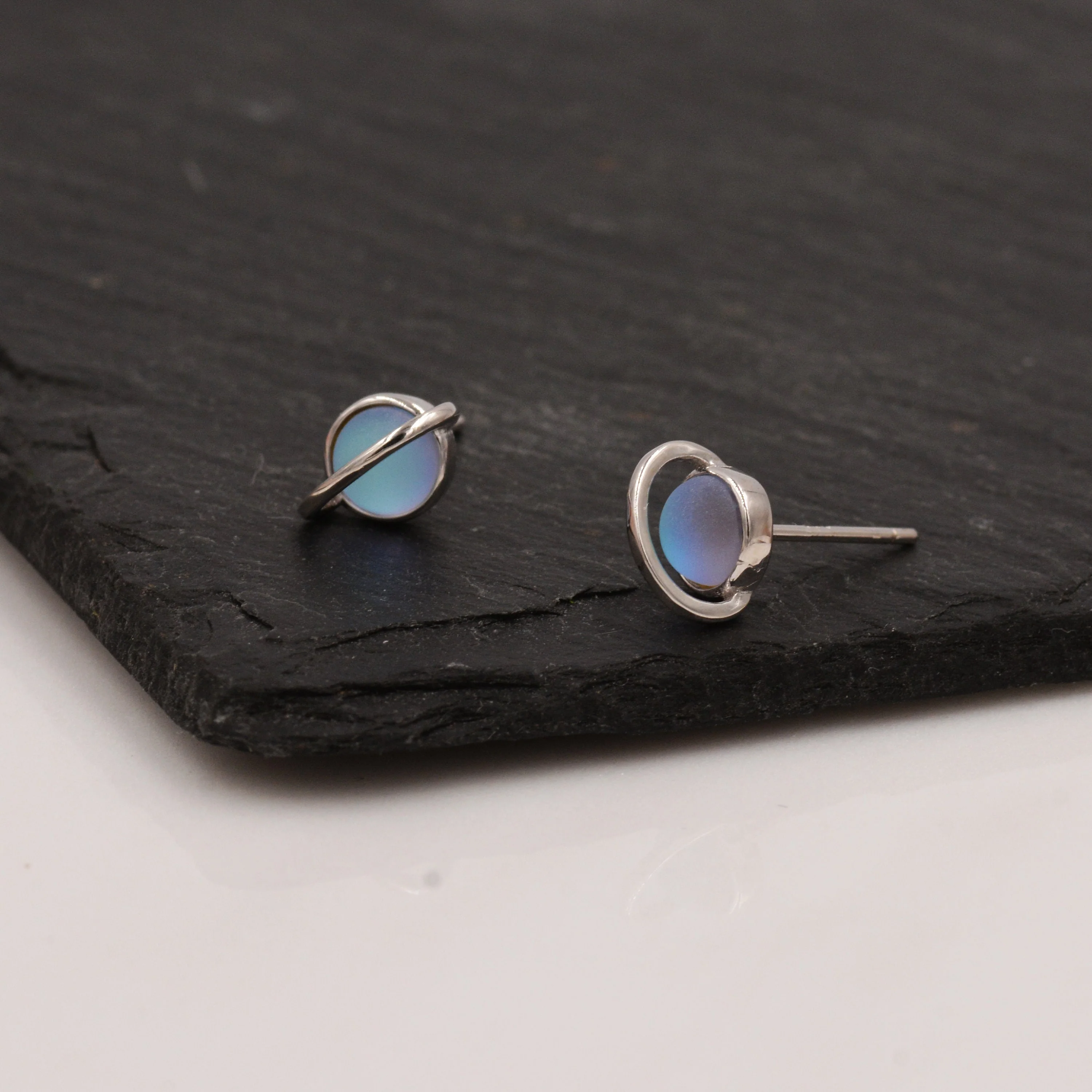 Little Planet Stud Earrings in Sterling Silver - Simulated Moonstone - Gold or Silver - Sold as a Pair - Cute, Fun, Whimsical and Pretty - Image 6