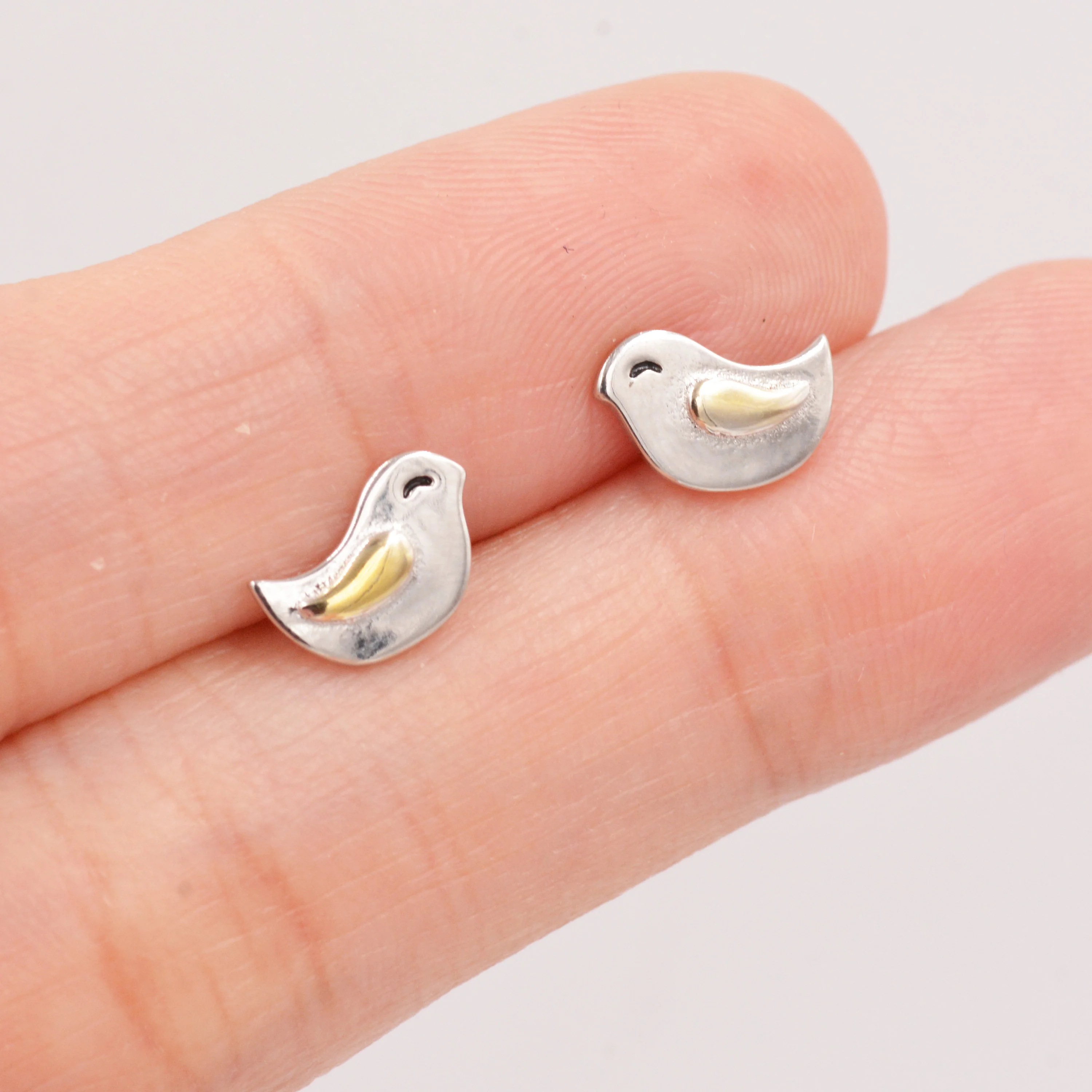 Little Wren Bird Stud Earrings in Sterling Silver- Gold and Silver Two Tone - Bird Earrings - Cute Animal, Fun, Whimsical and Pretty - Image 3