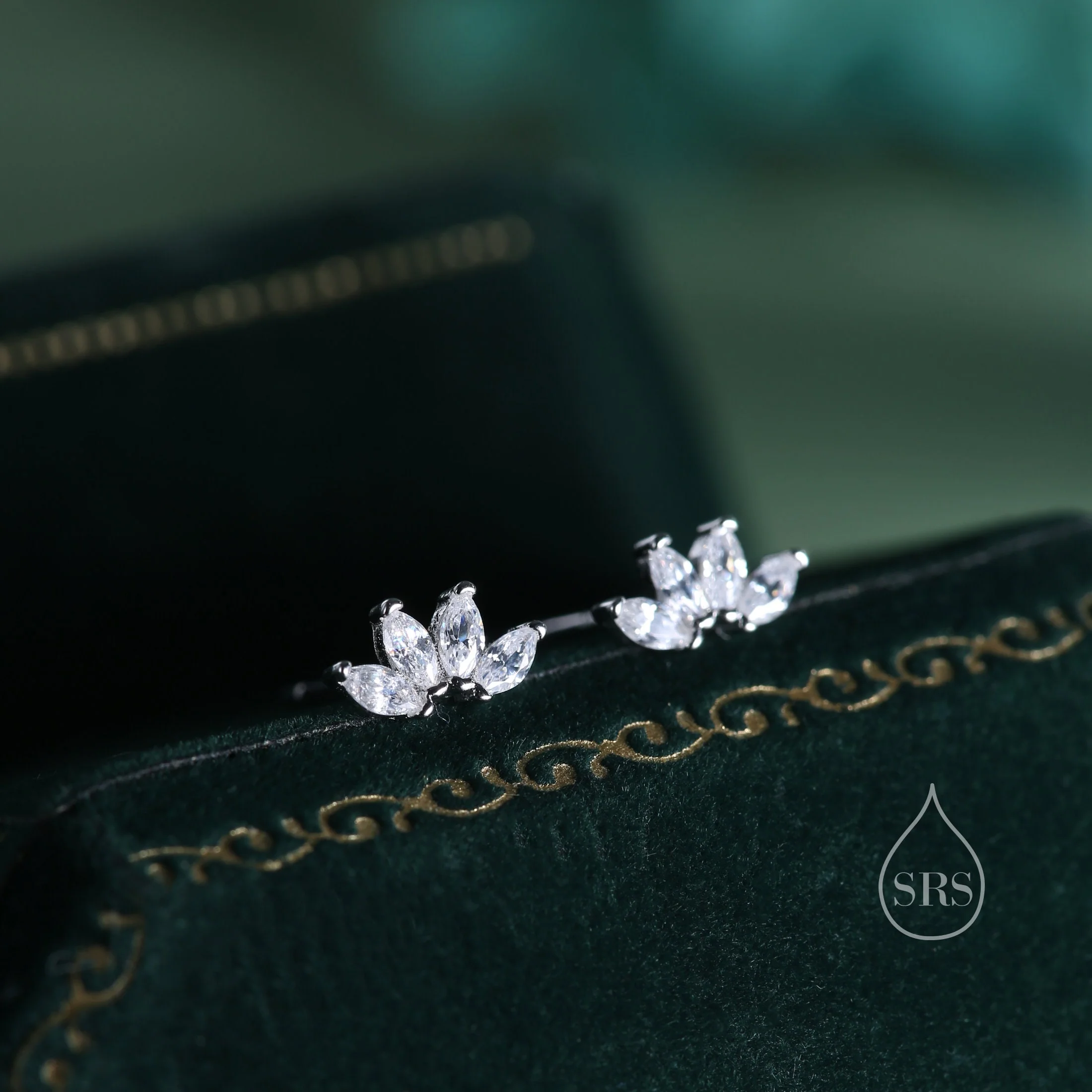Lotus Flower CZ Screw Back or Stud Earrings in Sterling Silver, Silver or Gold, CZ Marquise Flower Barbell Earrings, Piercing Earrings - Image 2