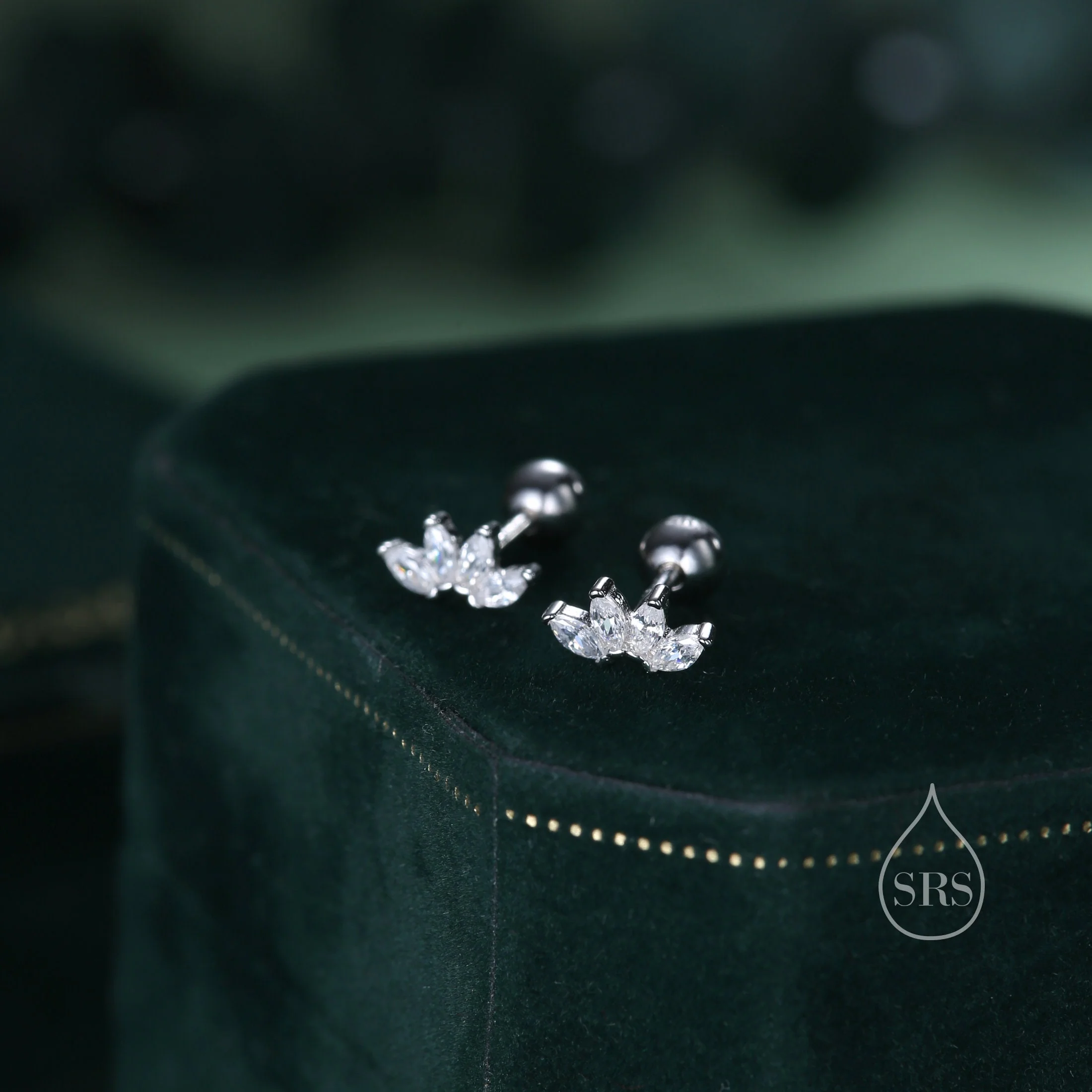 Lotus Flower CZ Screw Back or Stud Earrings in Sterling Silver, Silver or Gold, CZ Marquise Flower Barbell Earrings, Piercing Earrings - Image 7