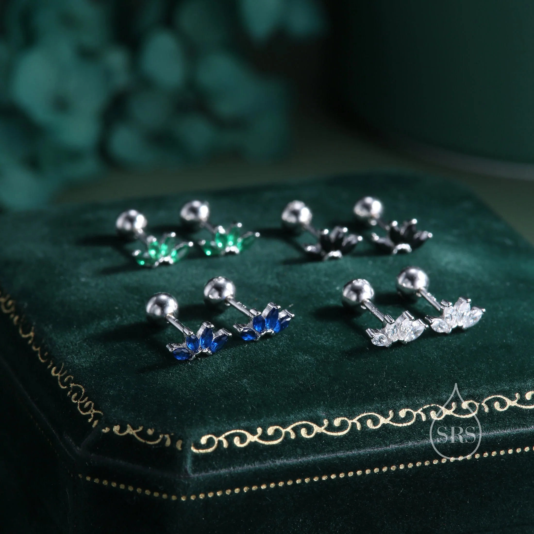Lotus Flower CZ Screw Back or Stud Earrings in Sterling Silver, Silver or Gold, CZ Marquise Flower Barbell Earrings, Piercing Earrings - Image 9