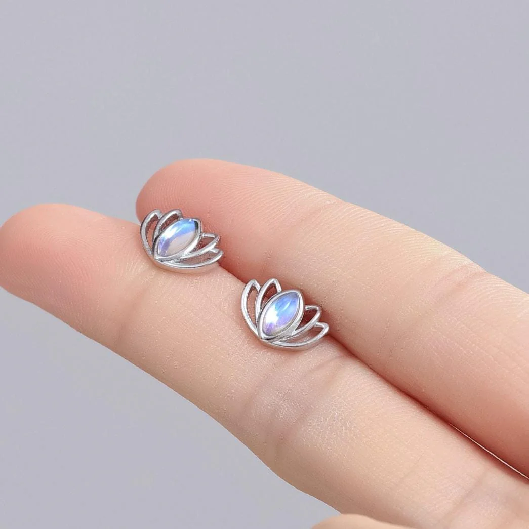 Lotus Flower Moonstone Stud Earrings in Sterling Silver, Silver or Gold, Lab Moonstone Lotus Earrings, Nature Inspired, Botanical Earrings - Image 3