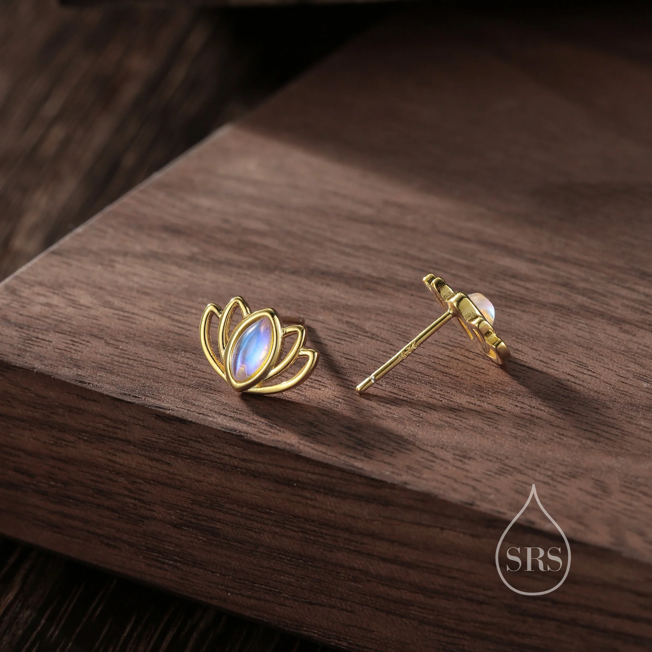 Lotus Flower Moonstone Stud Earrings in Sterling Silver, Silver or Gold, Lab Moonstone Lotus Earrings, Nature Inspired, Botanical Earrings - Image 4