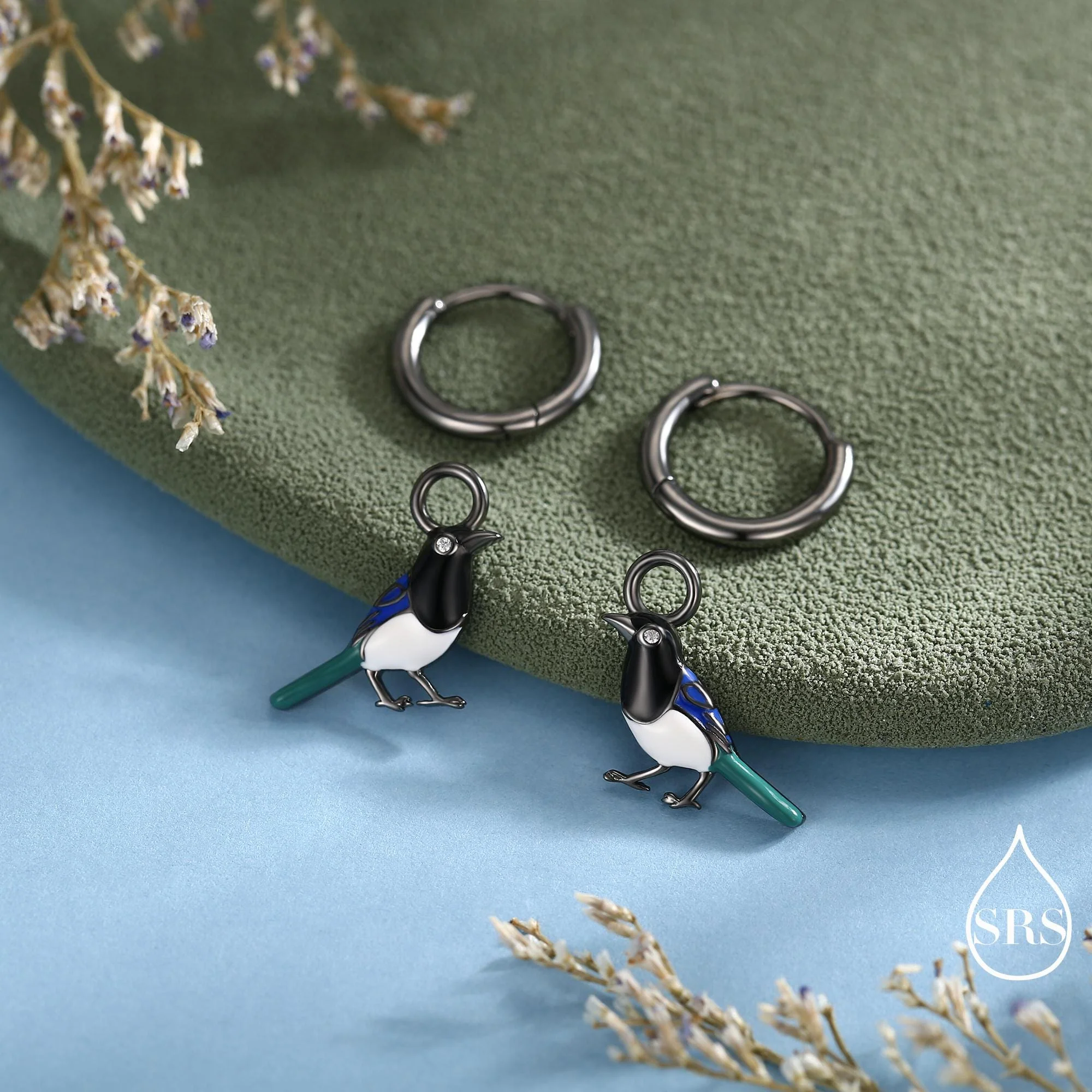 Magpie Charm Hoops and Pendant Necklace in Sterling Silver, Black Rhodium Coated, Cute Magpie Necklace and Earrings, Nature Inspired - Image 7