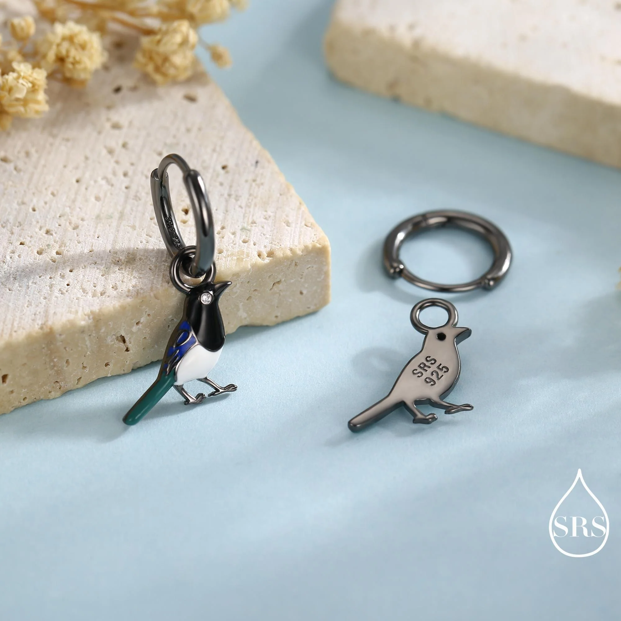 Magpie Enamel Huggie Hoop Earrings in Sterling Silver, Magpie Bird Earrings, Nature-Inspired Animal Earrings - Image 4