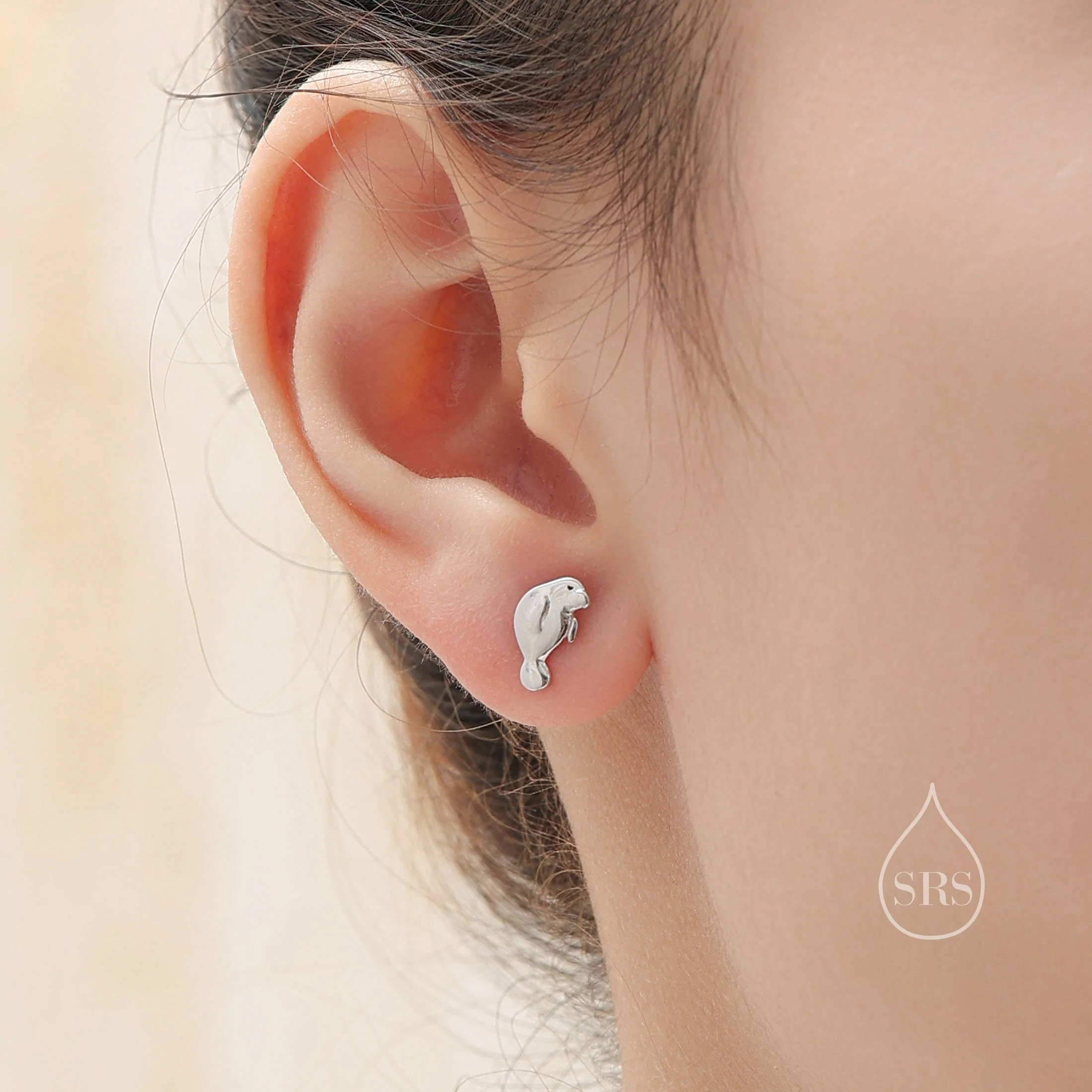 Manatee Stud Earrings in Sterling Silver, Nature Inspired Animal Earrings - Image 2