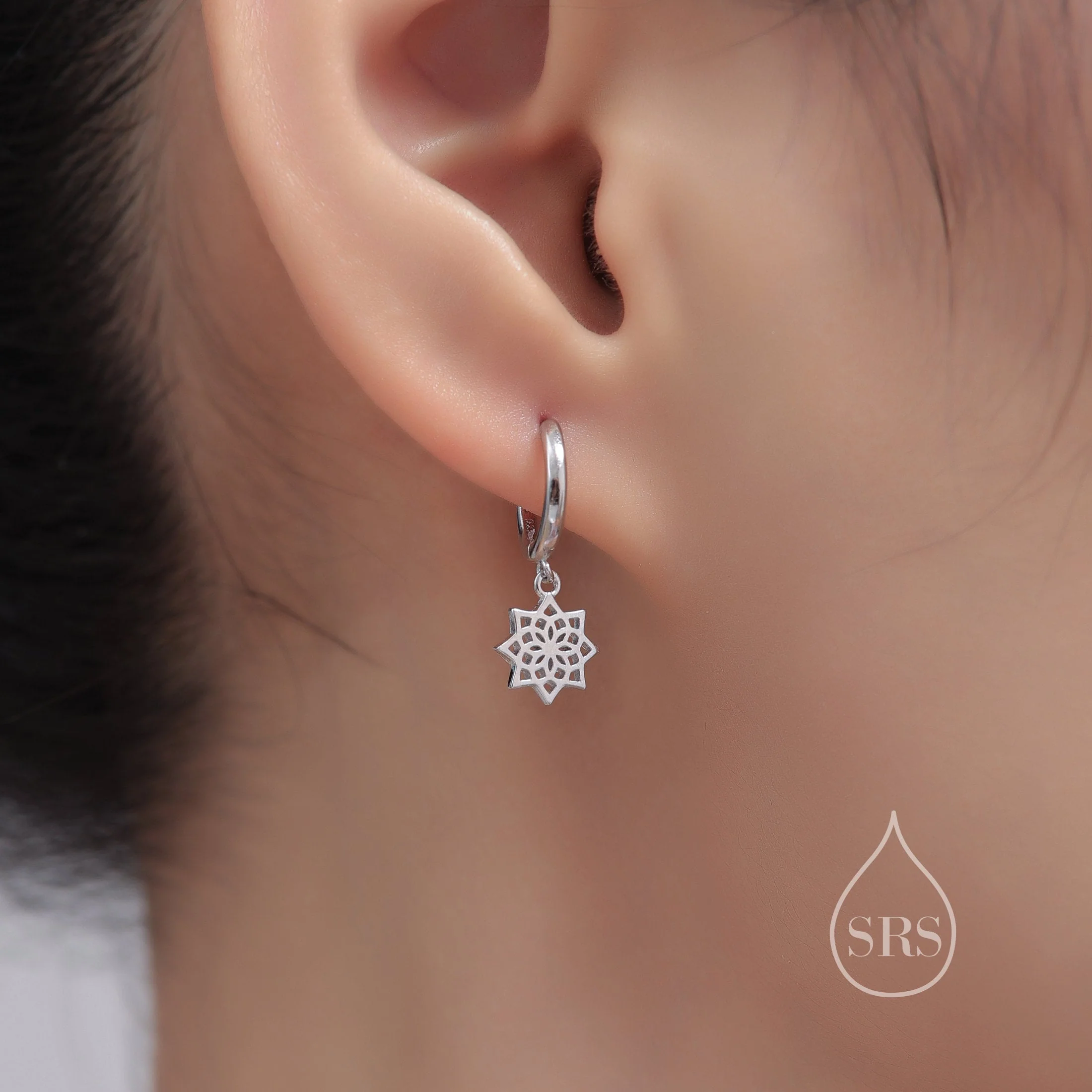 Mandala Flower Dangle Huggie Hoop in Sterling Silver, Silver or Gold or Rose Gold, Skinny Mandala Earrings, CZ Flower Hoops Mandala Flower - Image 3
