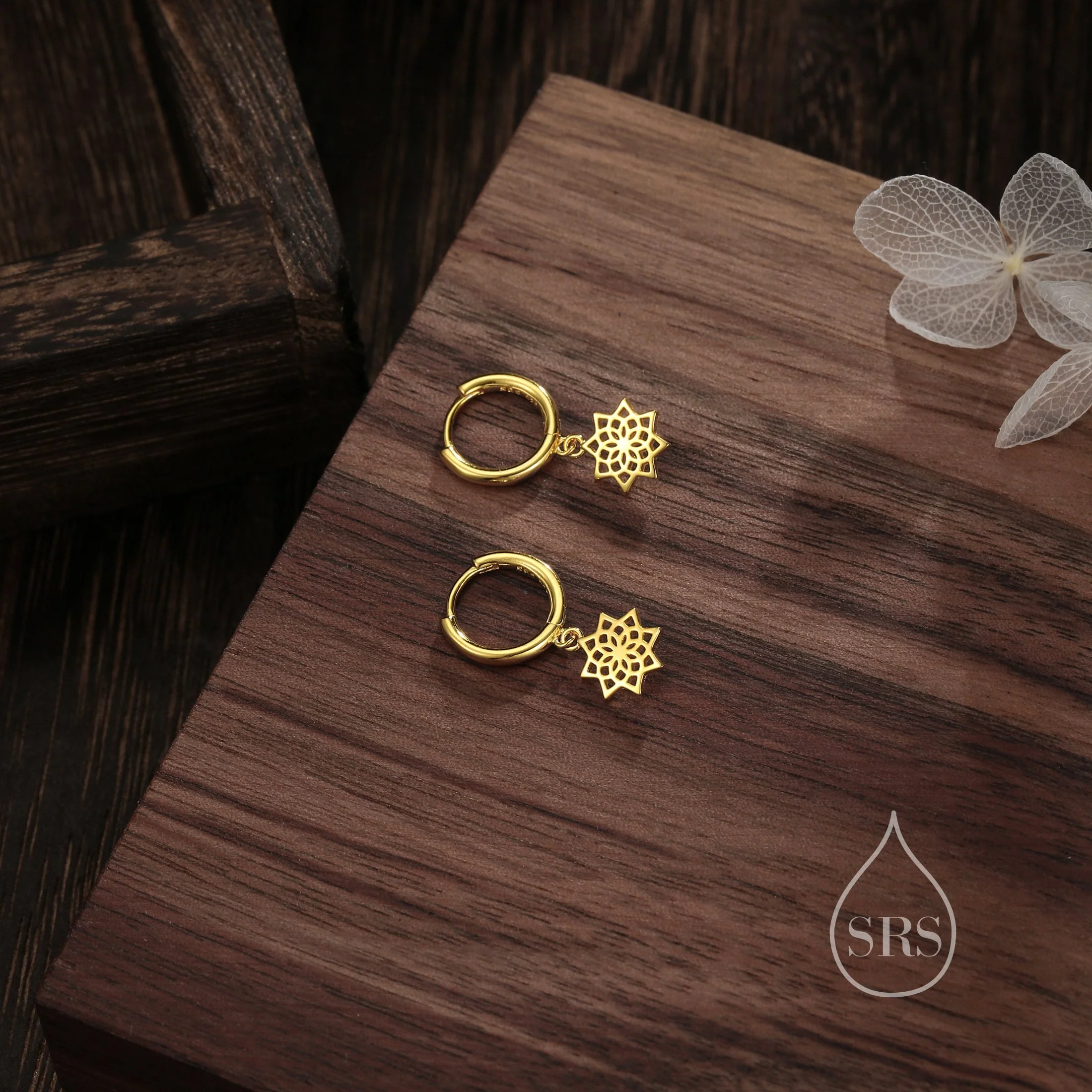 Mandala Flower Dangle Huggie Hoop in Sterling Silver, Silver or Gold or Rose Gold, Skinny Mandala Earrings, CZ Flower Hoops Mandala Flower - Image 4