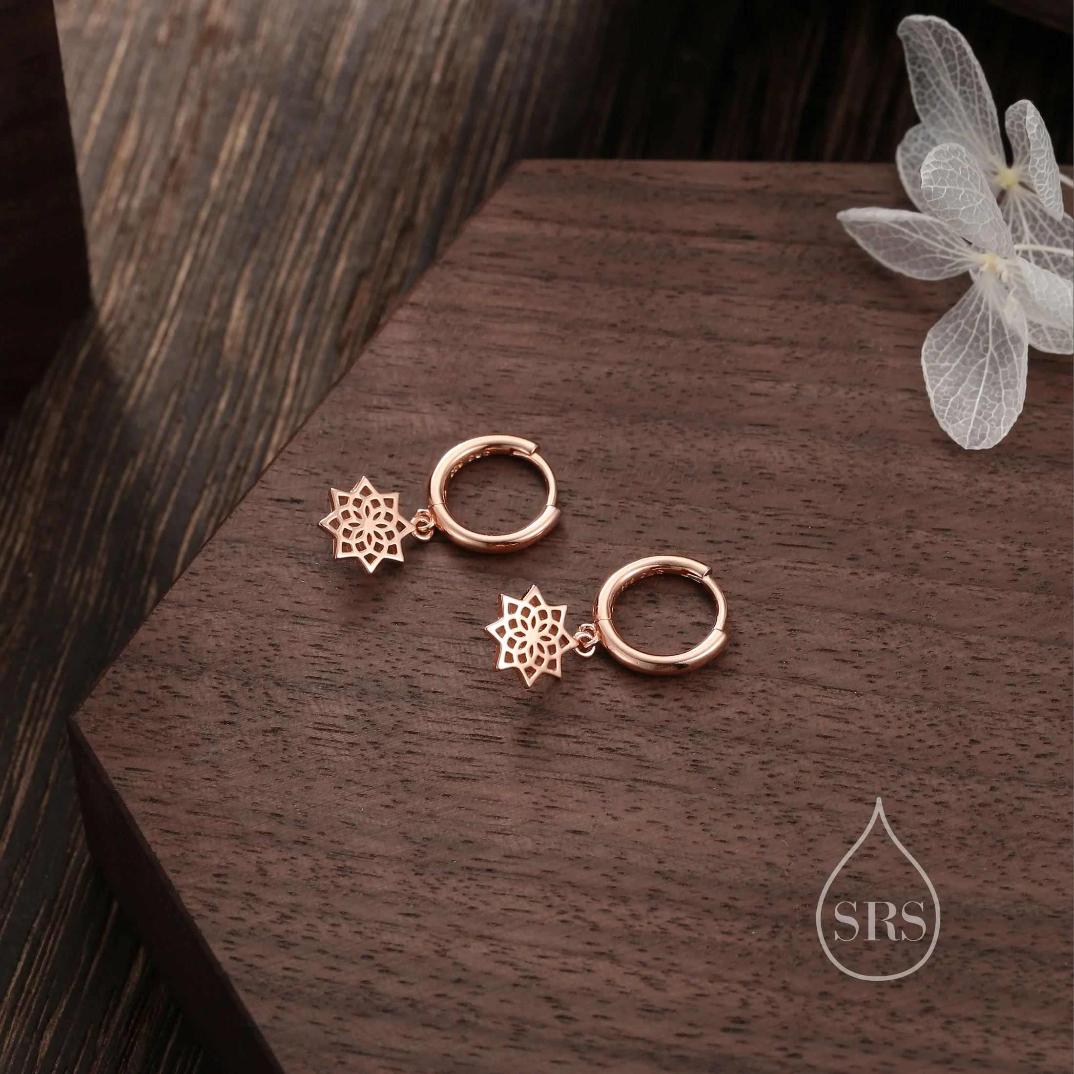 Mandala Flower Dangle Huggie Hoop in Sterling Silver, Silver or Gold or Rose Gold, Skinny Mandala Earrings, CZ Flower Hoops Mandala Flower - Image 5