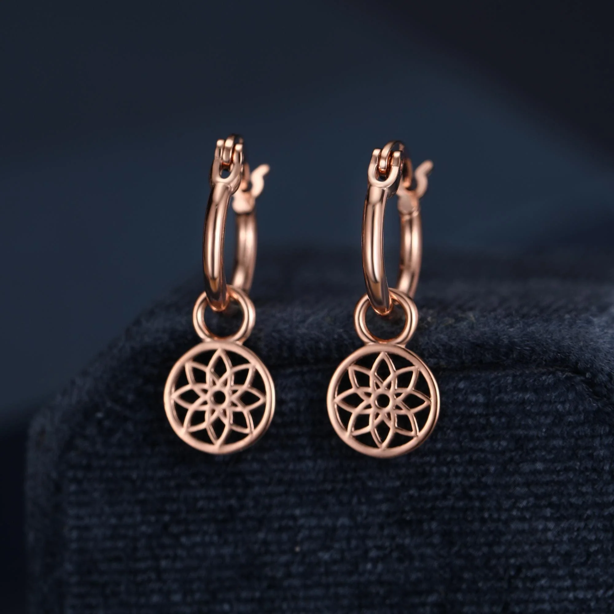 Mandala Flower Disk Dangle Huggie Hoop in Sterling Silver - Image 13