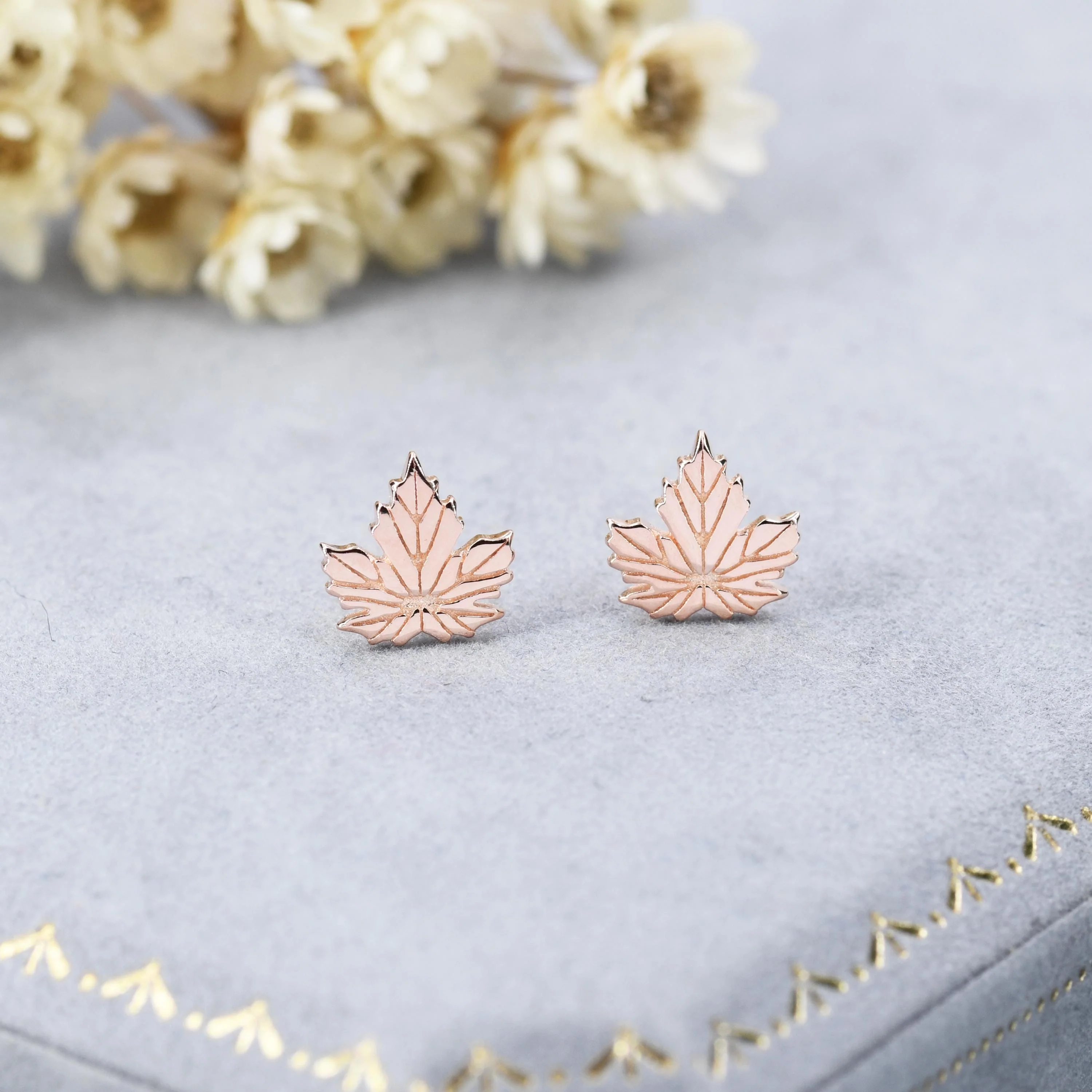 Maple Leaf Stud Earrings in Sterling Silver - Detailed Leaf Earrings - Nature Inspired Flower Earrings - Available in Gold and Rose Gold - Image 6