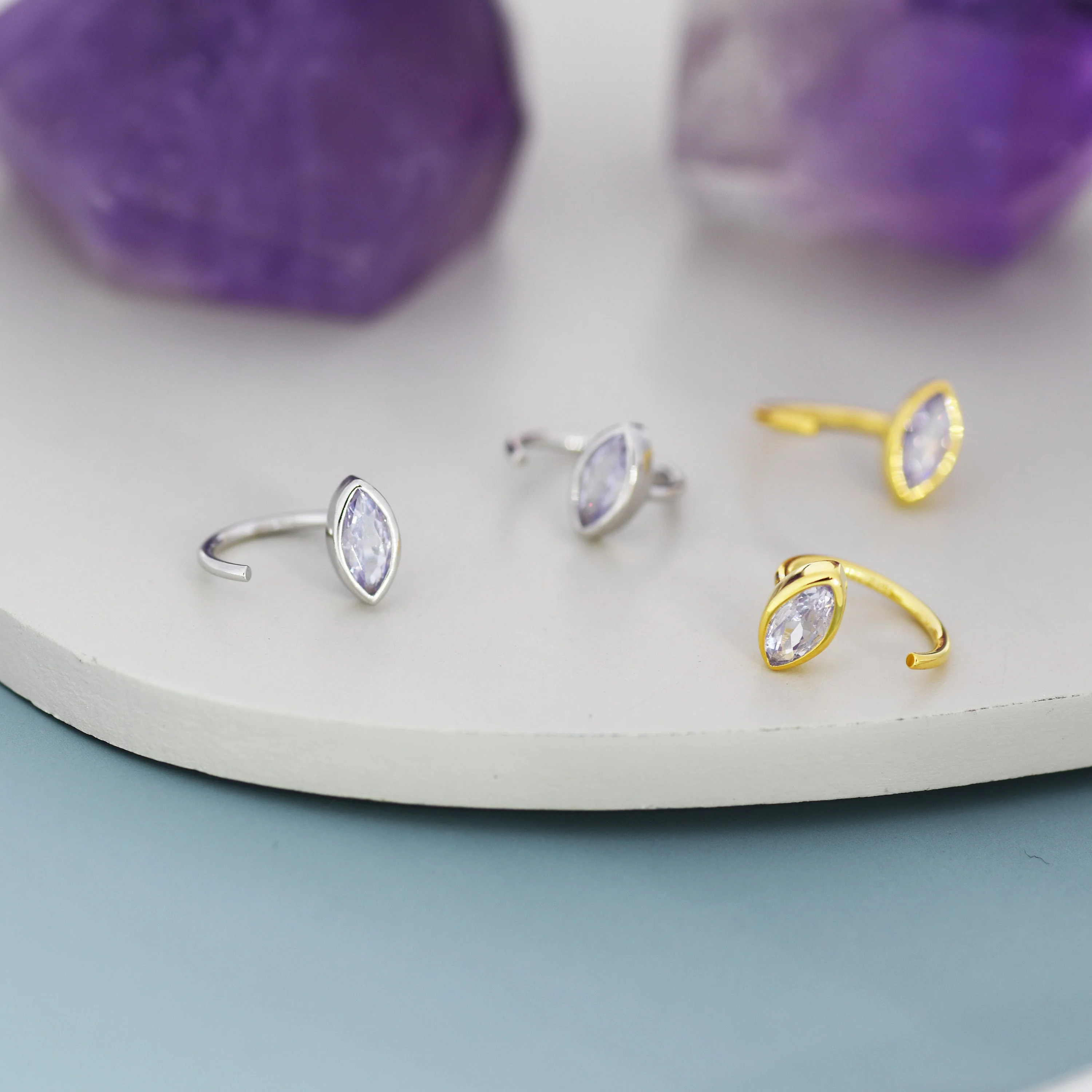 Marquise Alexander CZ Huggie Hoops in Sterling Silver, Marquise Crystal Open Threader Earrings, Half Hoops, June Birthstone - Image 8