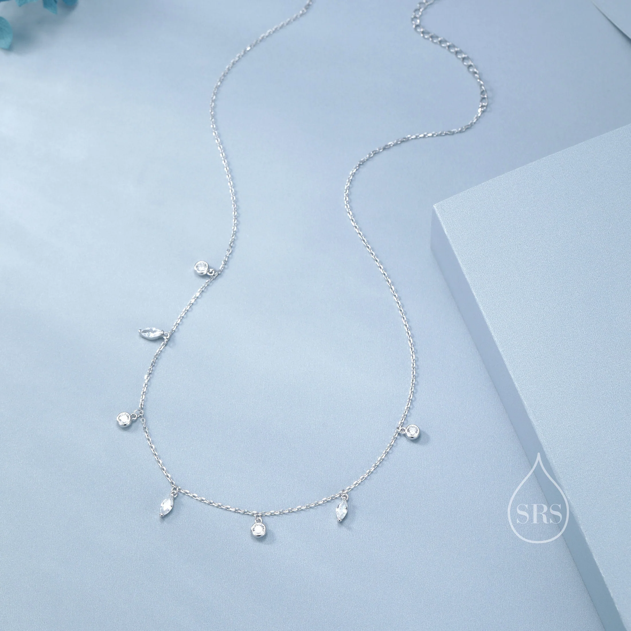 Marquise and Round CZ Dangle Necklace in Sterling Silver, Silver or Gold, Satellite Crystal Necklace, Solid Silver Motif Necklace - Image 3