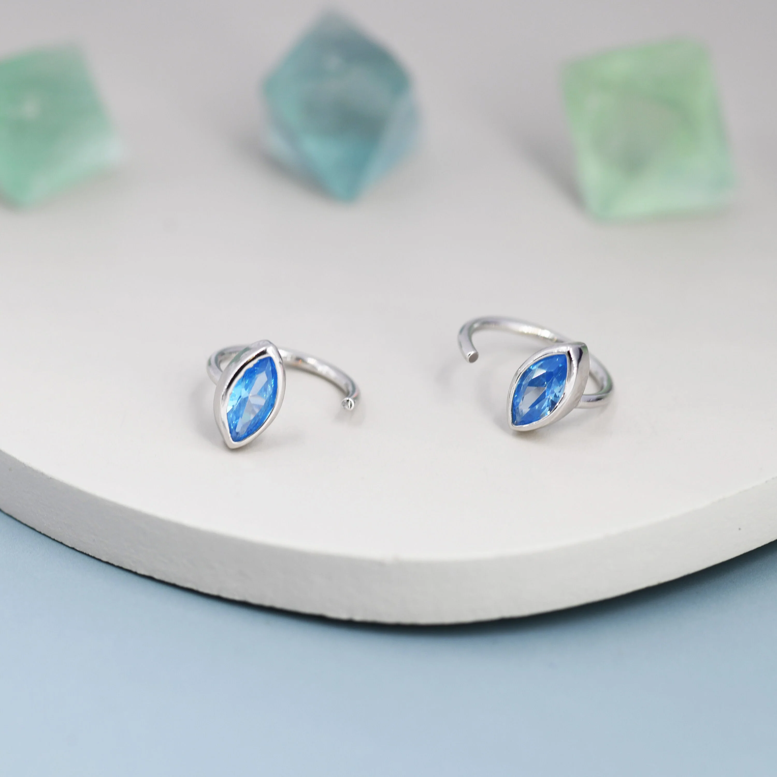 Marquise Aquamarine Blue CZ Huggie Hoops in Sterling Silver, Marquise Crystal Open Threader Earrings, Half Hoops, March Birthstone - Image 4