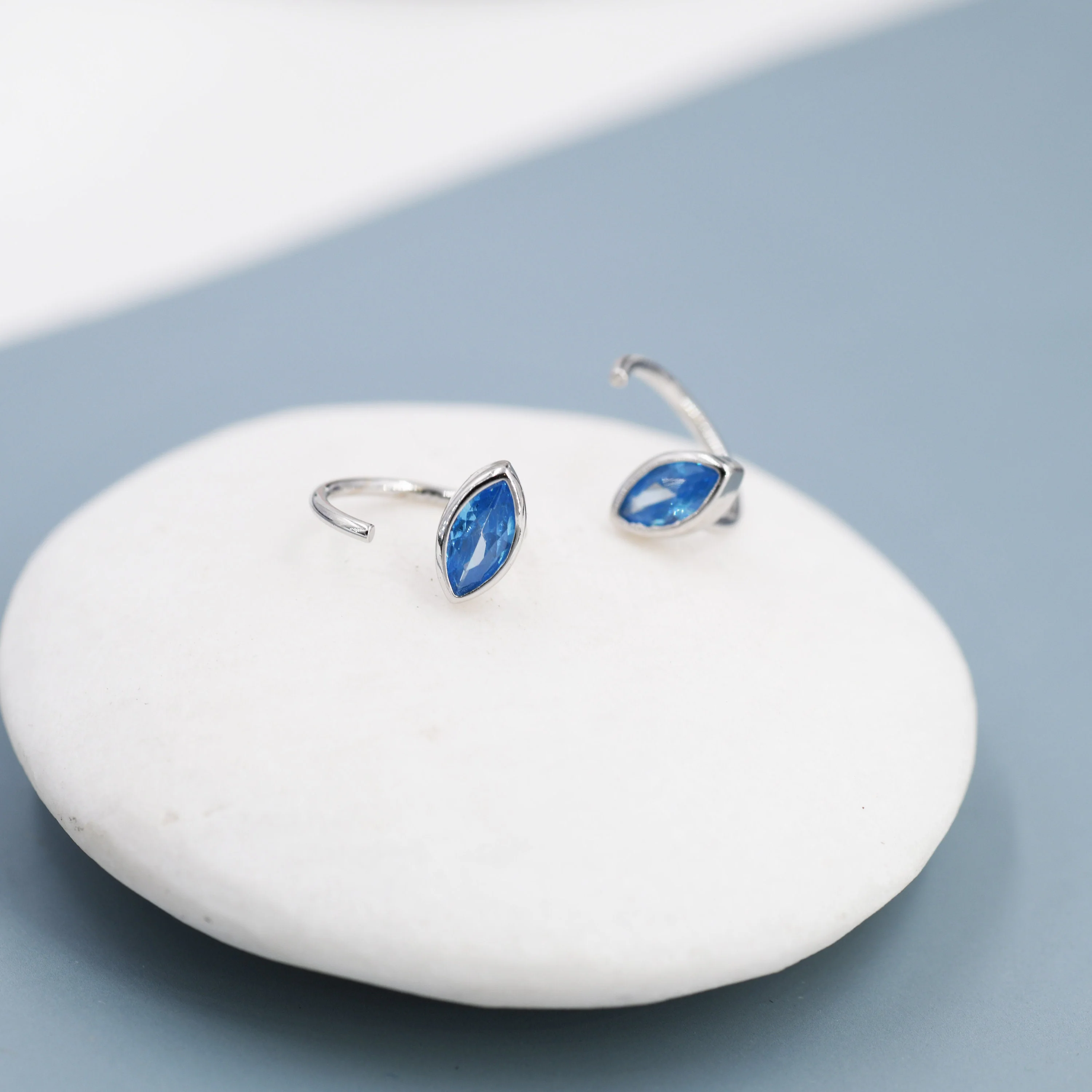 Marquise Aquamarine Blue CZ Huggie Hoops in Sterling Silver, Marquise Crystal Open Threader Earrings, Half Hoops, March Birthstone - Image 7