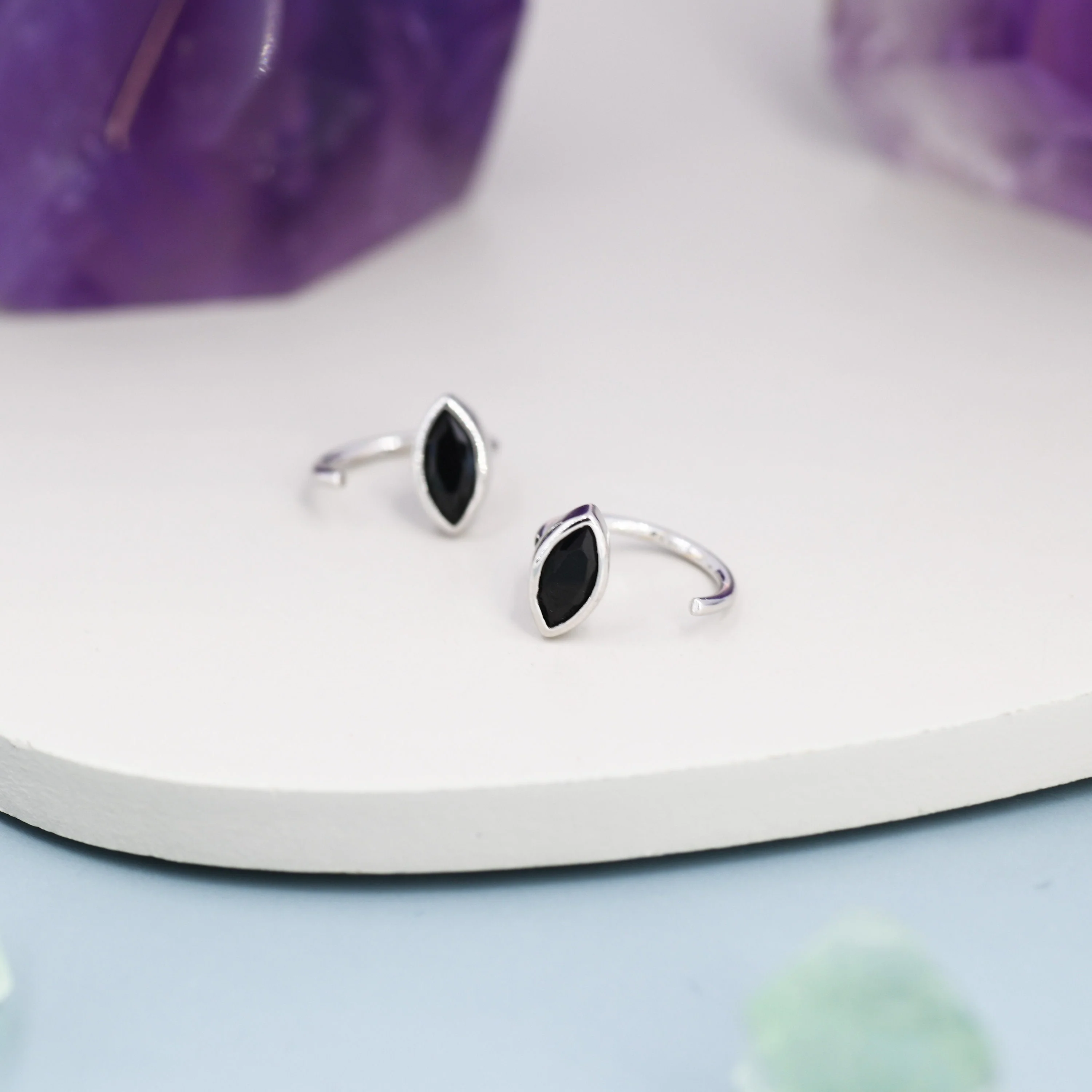 Marquise Black CZ Huggie Hoops in Sterling Silver, Marquise Crystal Open Threader Earrings, Half Hoops, Black Diamond - Image 3