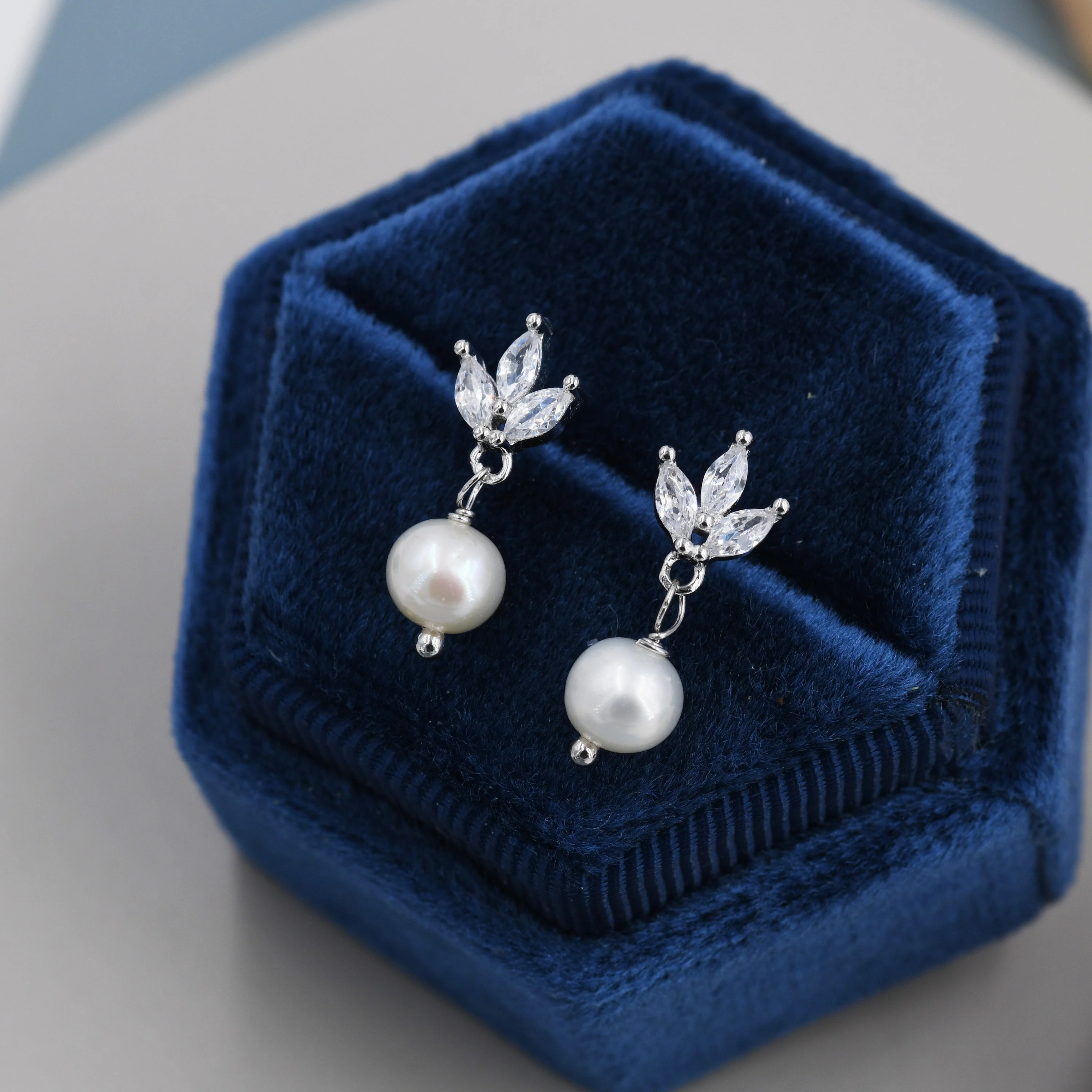 Marquise CZ Trio with Baroque Pearl Dangle Earrings in Sterling Silver, Delicate Keshi Pearl Drop Earrings, Genuine Freshwater Pearls - Image 2