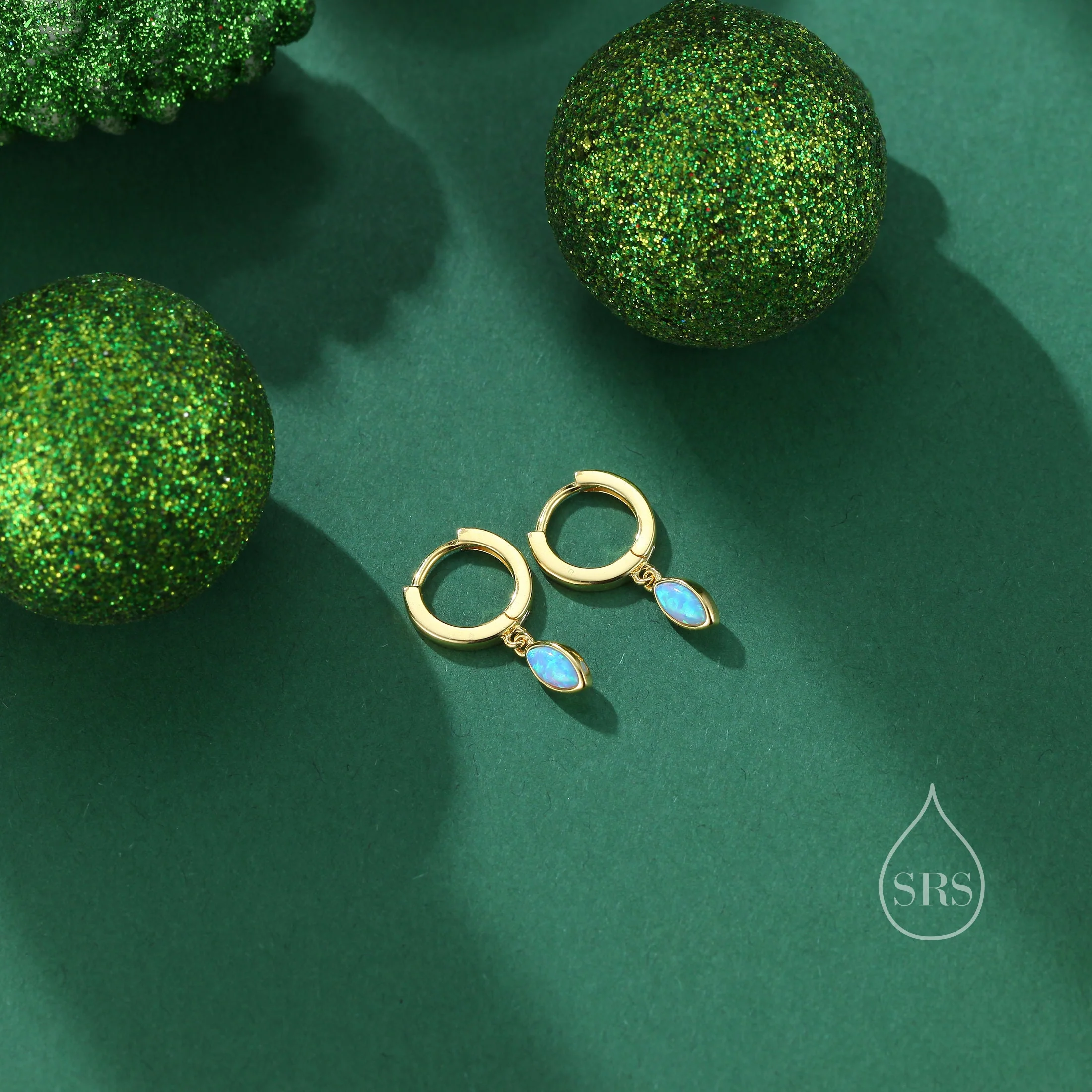 Marquise Opal Huggie Hoops in Sterling Silver, 8mm Opal Hoops, Blue Opal or White Opal, Silver or Gold, Fire Opal Earring - Image 3